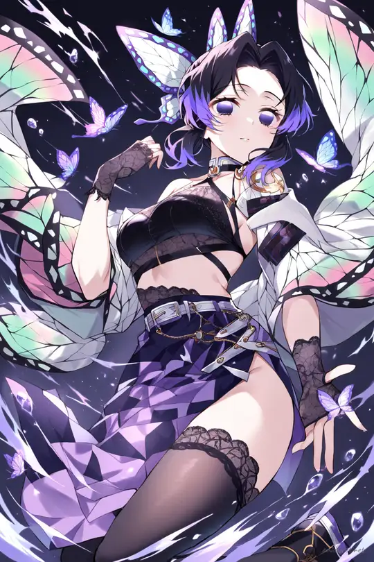 Knee-up illustration of Shinobu Kocho in dark glam idol outfit with black sequin halter top and asymmetrical purple skirt under soft studio lighting