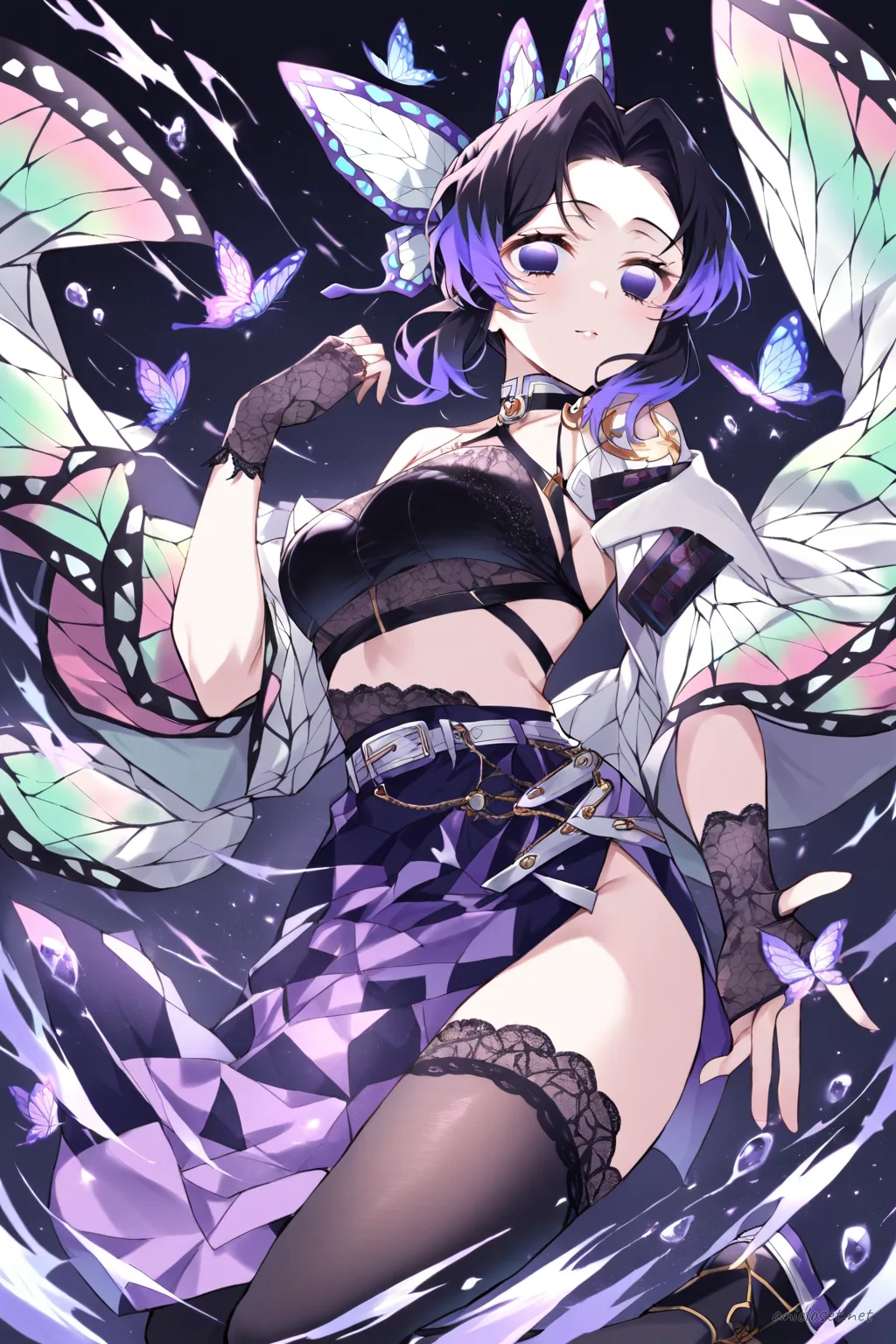 Knee-up illustration of Shinobu Kocho in dark glam idol outfit with black sequin halter top and asymmetrical purple skirt under soft studio lighting