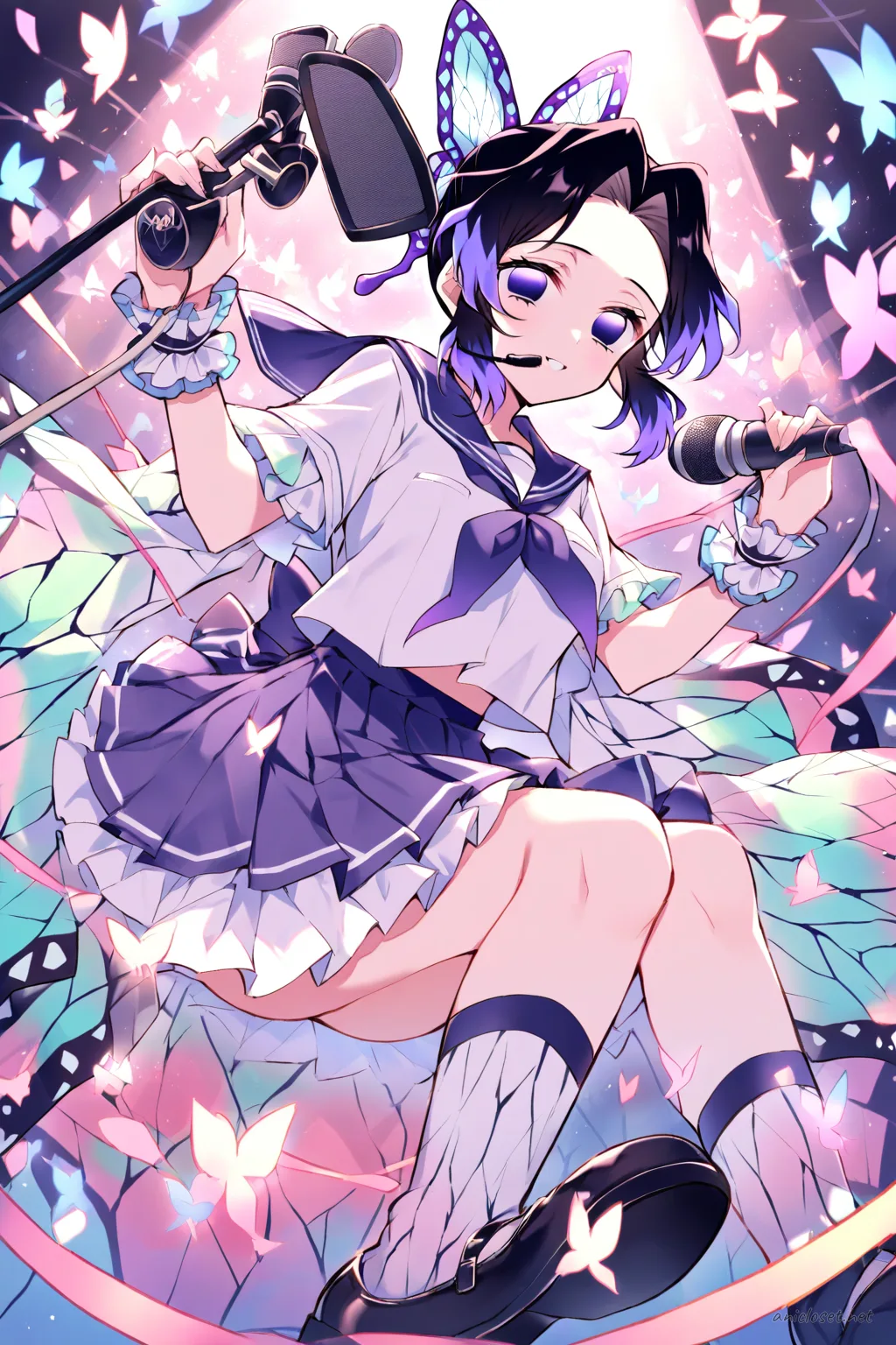 Knee-up half-body illustration of Shinobu Kocho in a pastel school-idol inspired costume with sailor collar, pleated skirt, and stage microphone headset