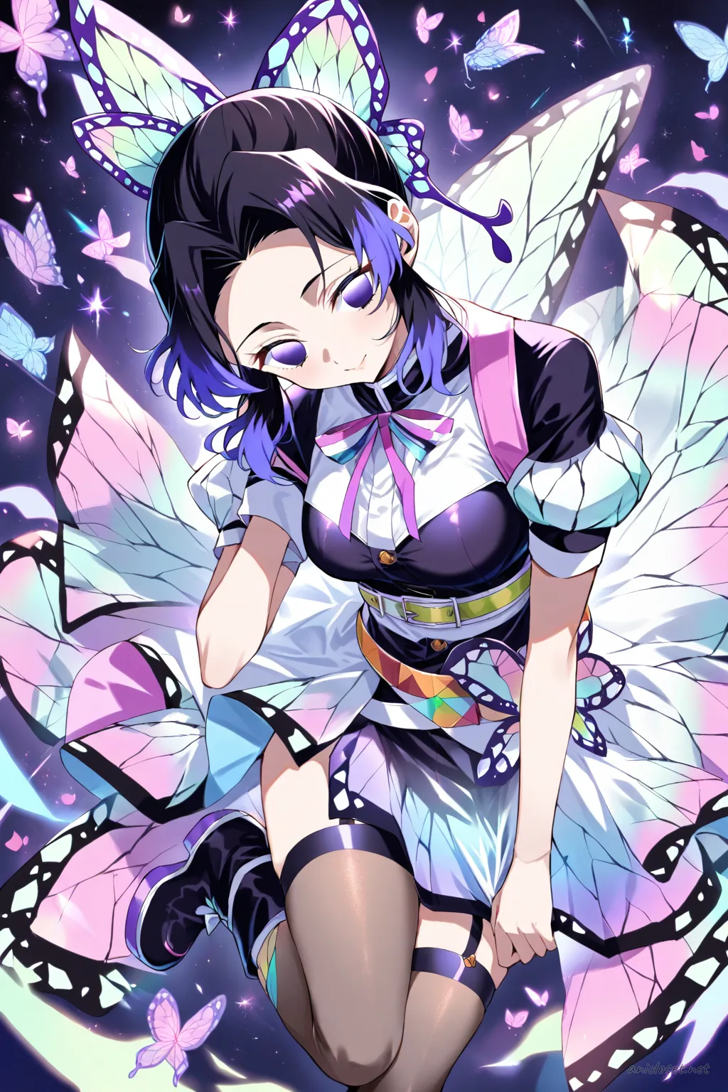 Full-body illustration of Shinobu Kocho in a futuristic idol costume with glossy panels, ribbons, and platform boots against a clean studio backdrop