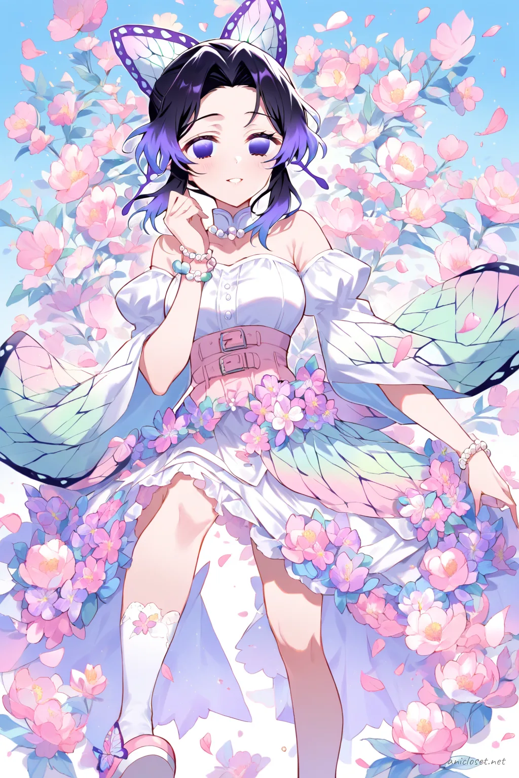 Knee-up half-body illustration of Shinobu Kocho wearing a flower motif idol dress with petal layered skirt and pastel colors in soft studio lighting