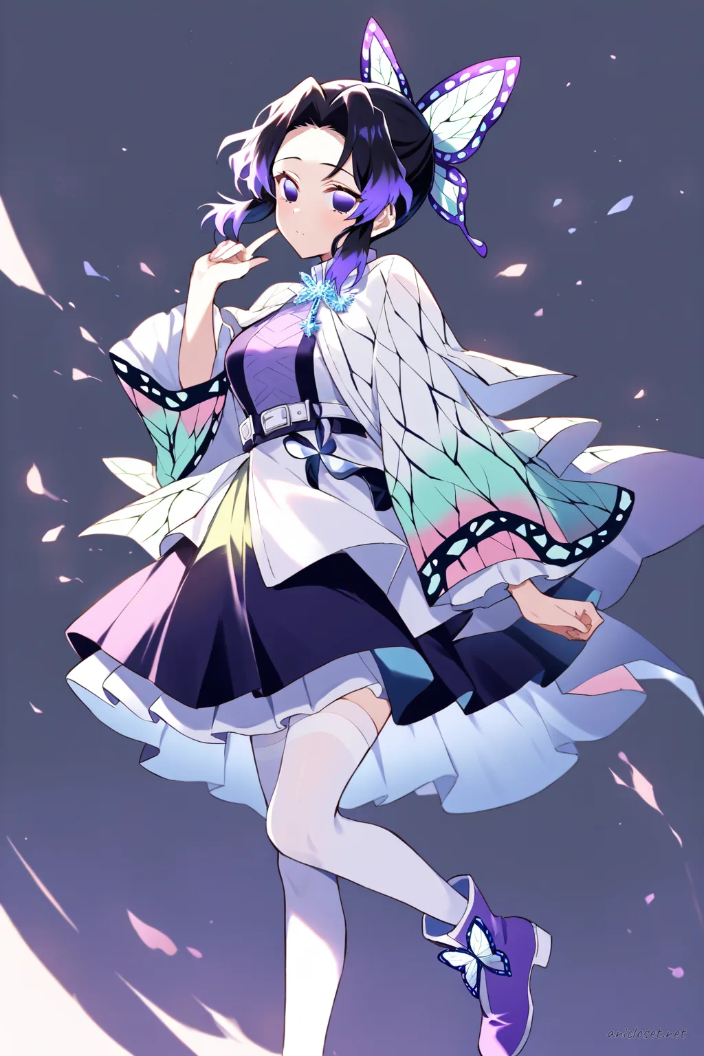 Full-body three-quarter view of Shinobu Kocho in winter idol costume with white fur-trimmed capelet, lavender turtleneck sweater, pleated midi skirt, white tights, and lavender ankle boots