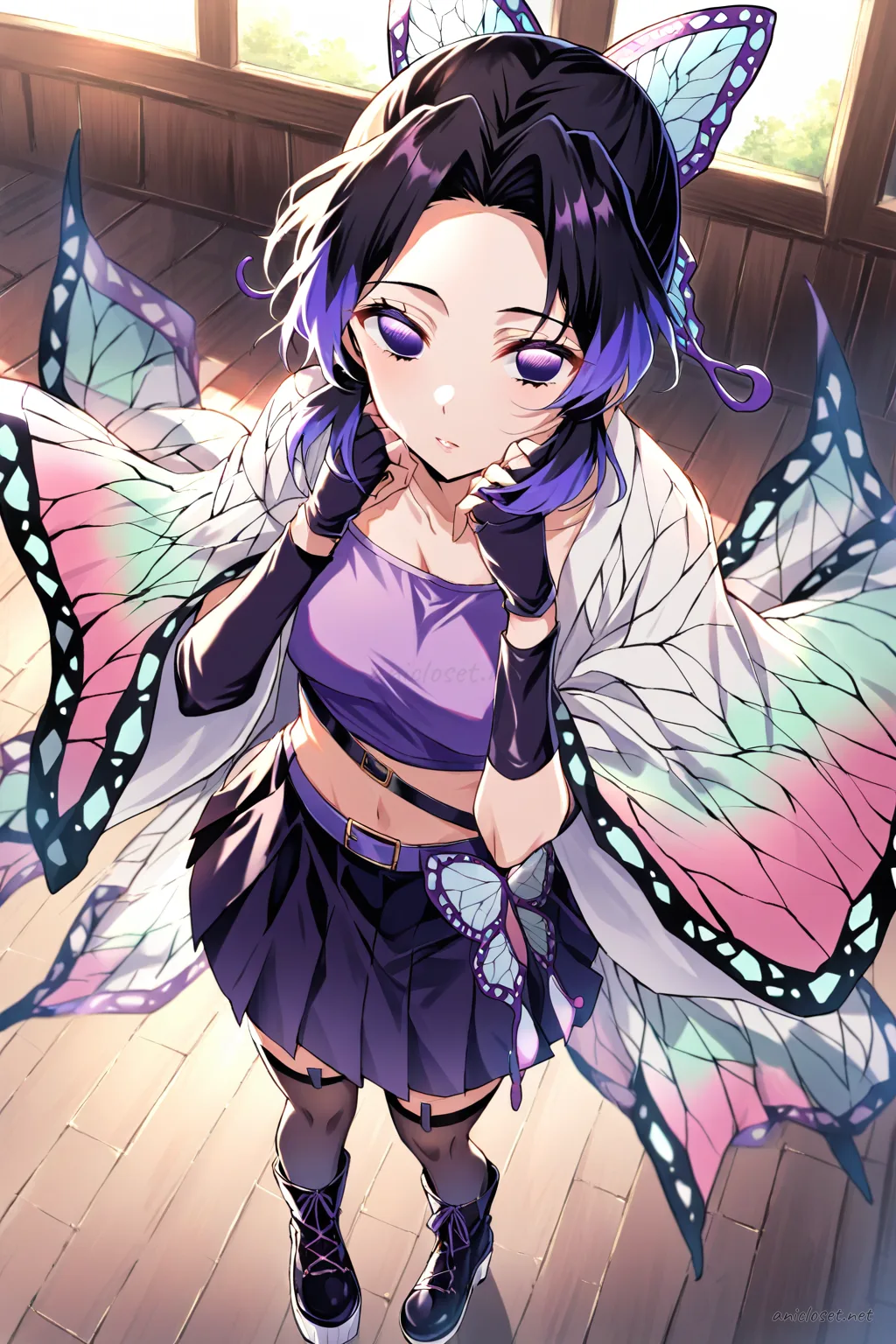 Full body illustration of Shinobu Kocho in a sparkly crop top, pleated mini skirt, fingerless gloves, thigh-high stockings, platform boots, and arm warmers, viewed from above showing shoes