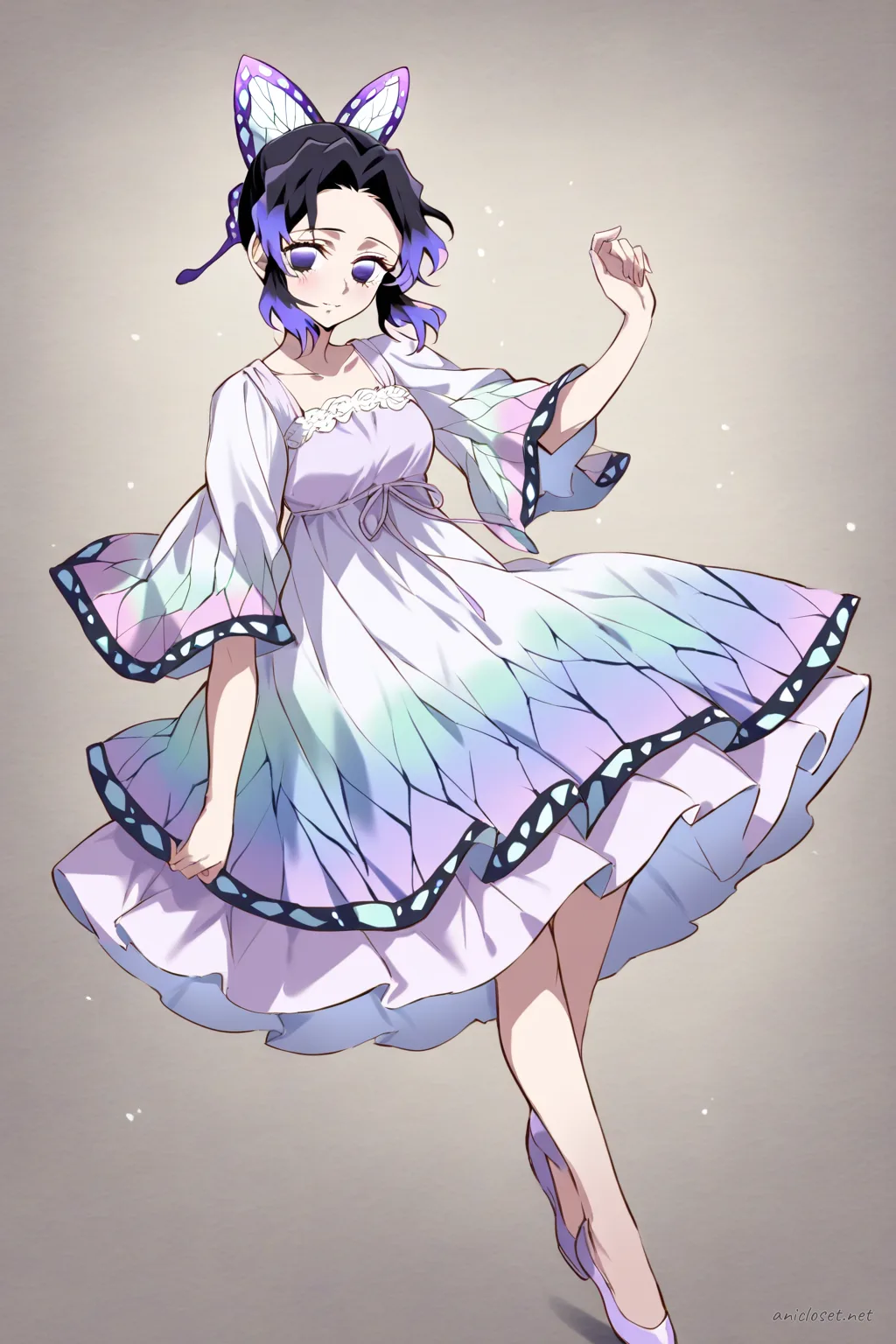 Knee-up illustration of Shinobu Kocho wearing a pastel lavender ballad midi dress with flutter sleeves and layered skirt, accented by hair ribbons