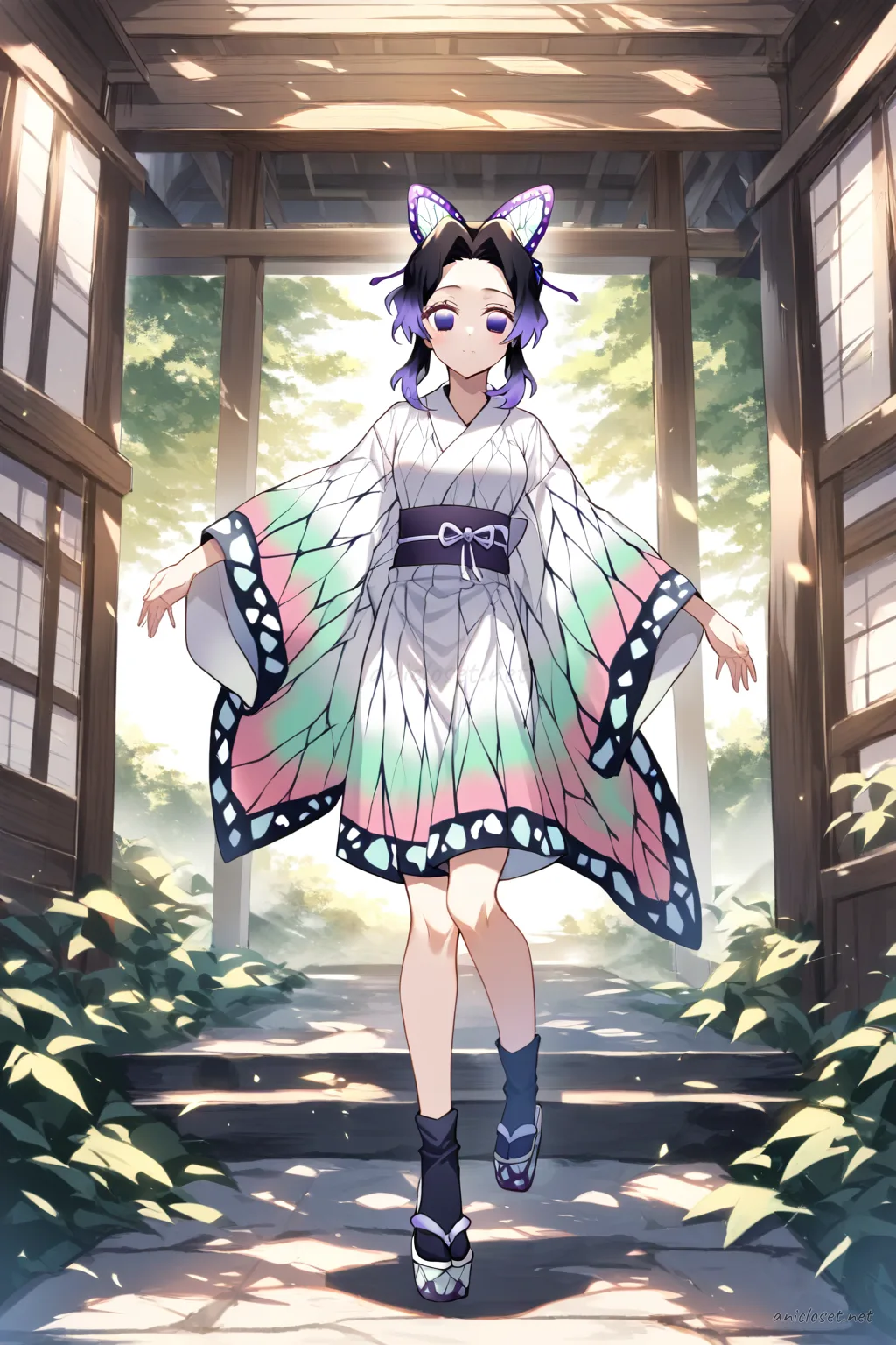 Full body illustration of Shinobu Kocho standing in a summer yukata with simple vertical stripes, wearing geta sandals and tabi socks