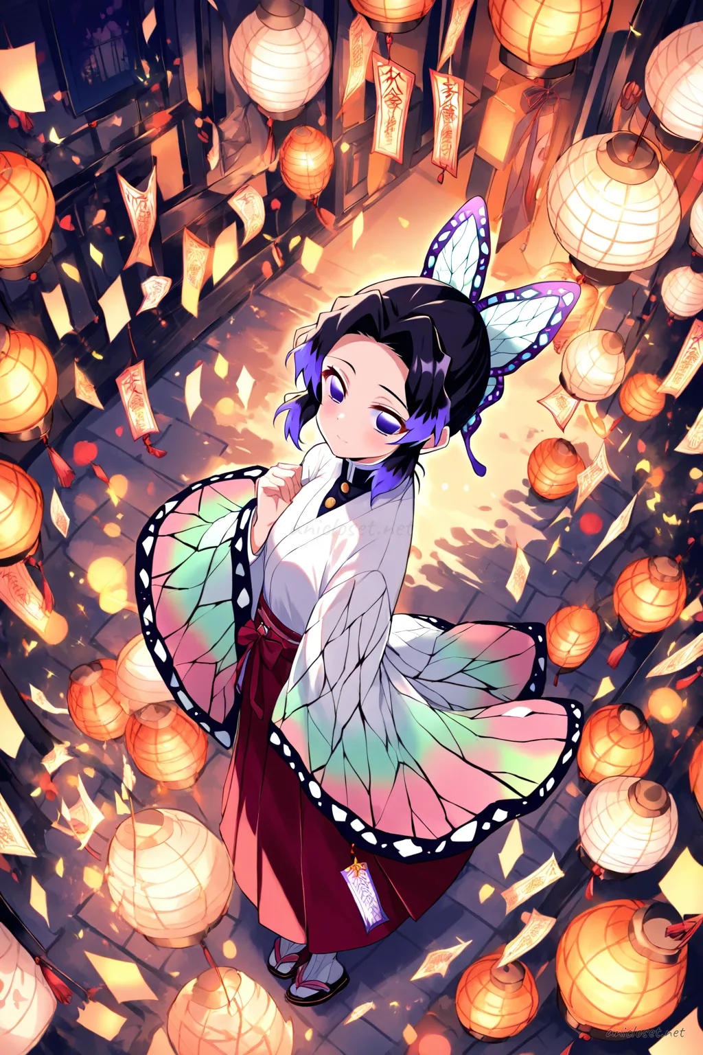 Full body illustration of Shinobu Kocho in white kosode and red hakama with ribbon hair ties and ofuda charm, viewed from above showing zori sandals