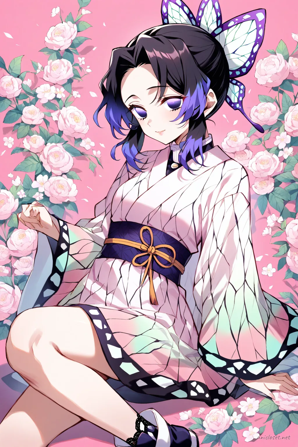 Knee-up illustration of Shinobu Kocho wearing a pastel pink kimono dress with soft floral patterns, simplified obi belt, lace trim socks, and cute ankle boots against a clean studio background