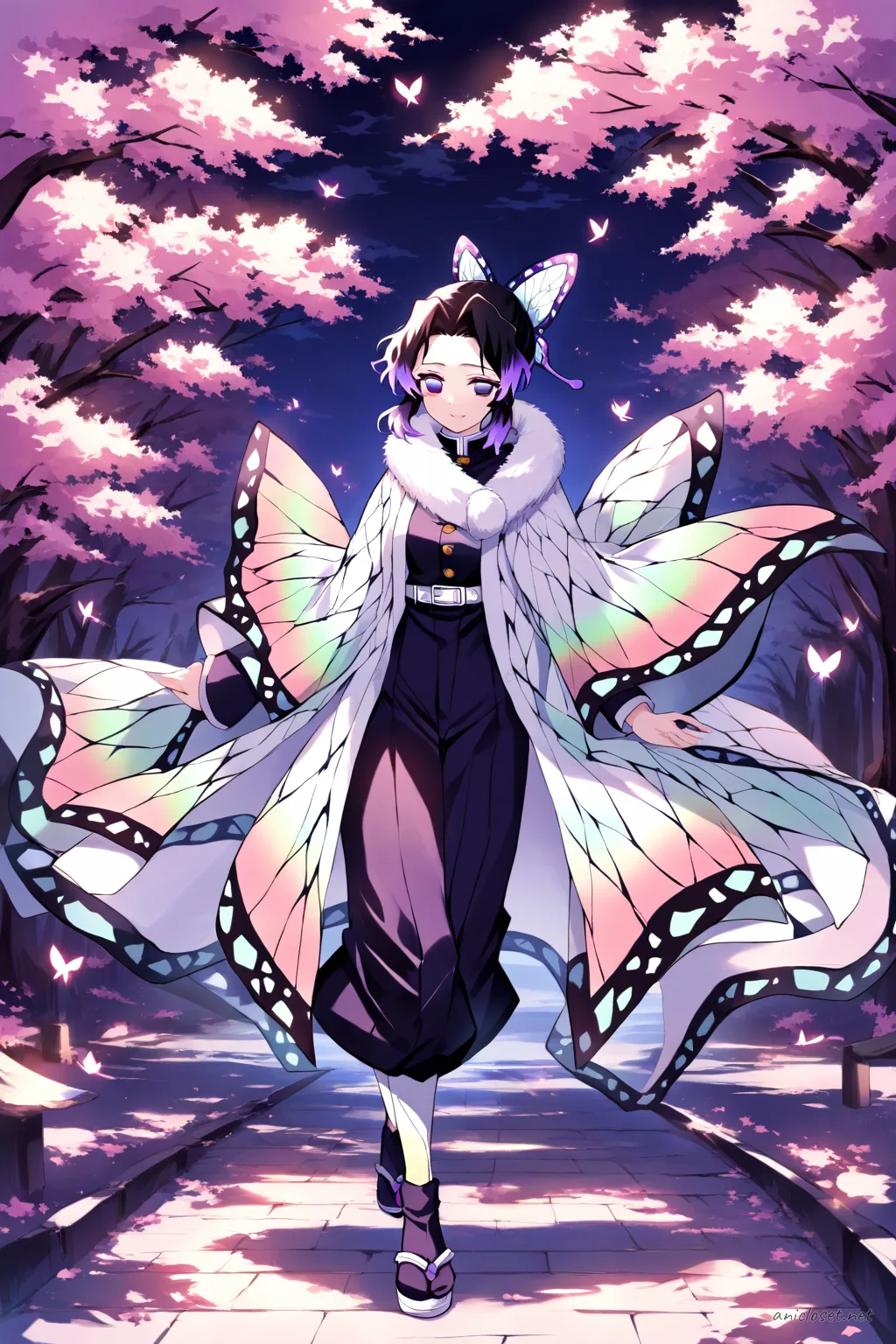 Illustration of Shinobu Kocho wearing a winter kimono layered with a haori coat and muffler scarf