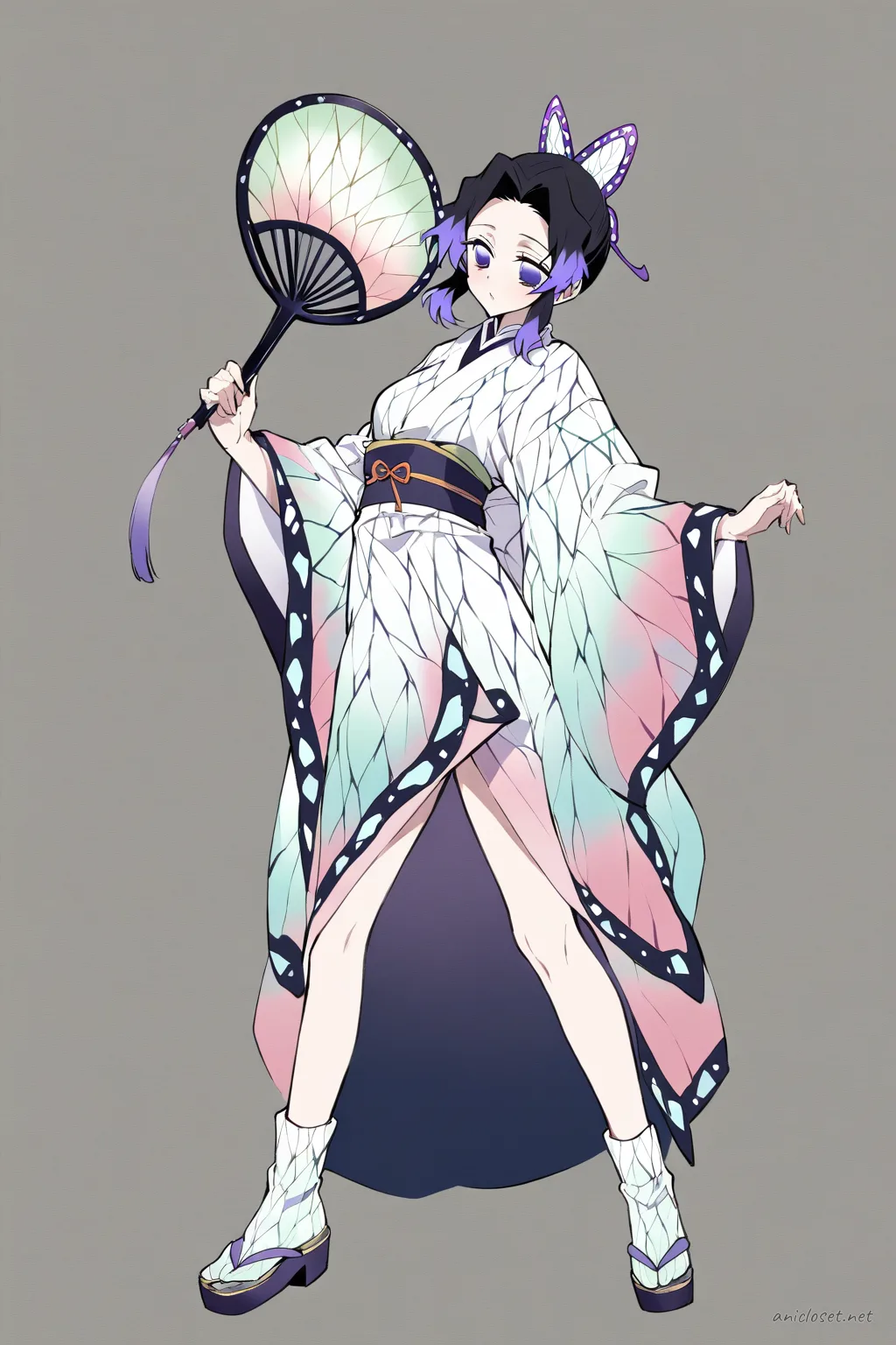 Full-body illustration of Shinobu Kocho wearing a bright floral yukata with wide obi belt, traditional geta sandals, colorful uchiwa fan, and festival hairpin against a clean studio backdrop
