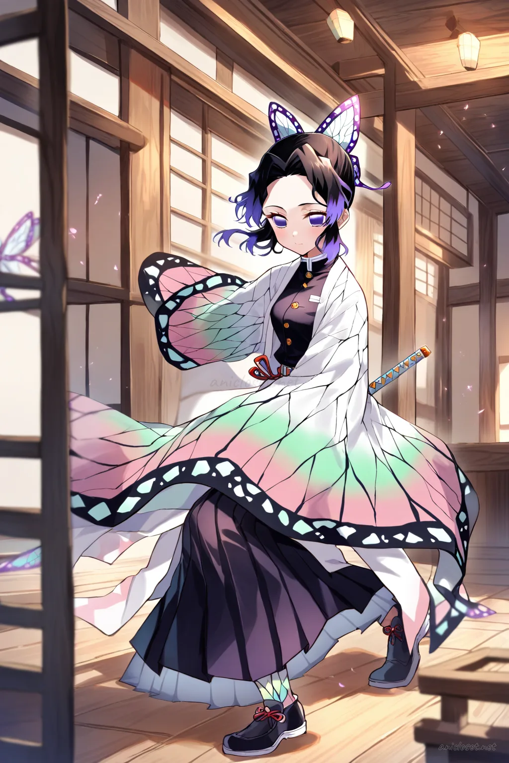 Full body illustration of Shinobu Kocho wearing a white blouse, pleated hakama skirt, black leather boots, and red ribbon belt with depth of field focus on shoes