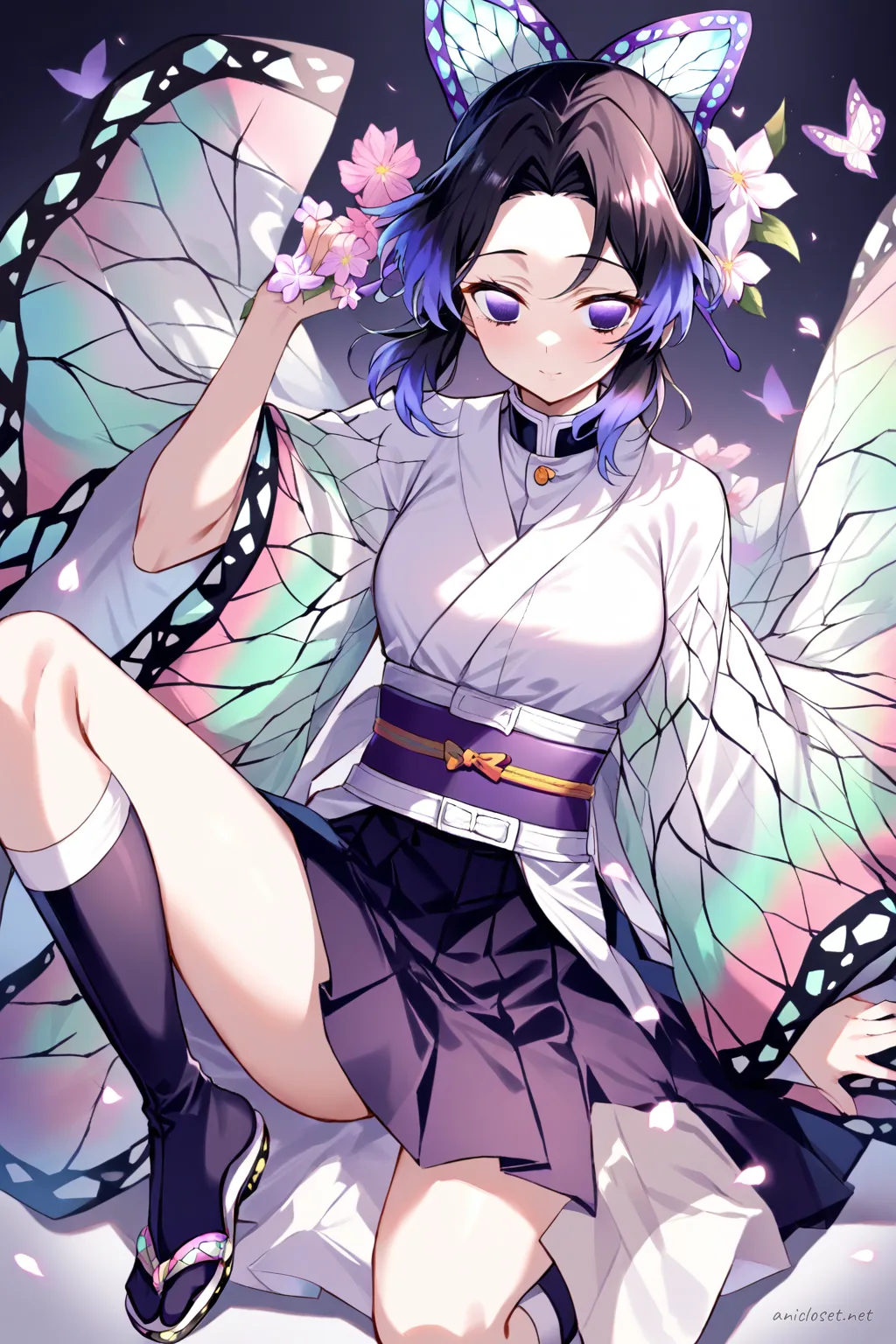 Illustration of Shinobu Kocho wearing a colorful hakama over a floral pattern kimono with a flower corsage pinned on the wide obi belt, shown from knee-up in soft studio lighting