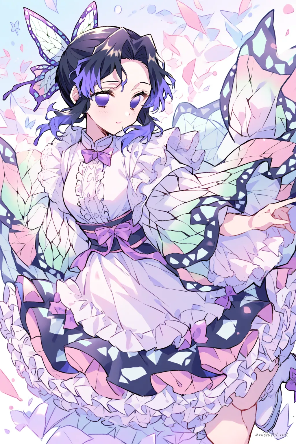 Full-body three-quarter view illustration of Shinobu Kocho wearing a pastel modern wa-Lolita hybrid kimono with frilly petticoat skirt and tabi socks