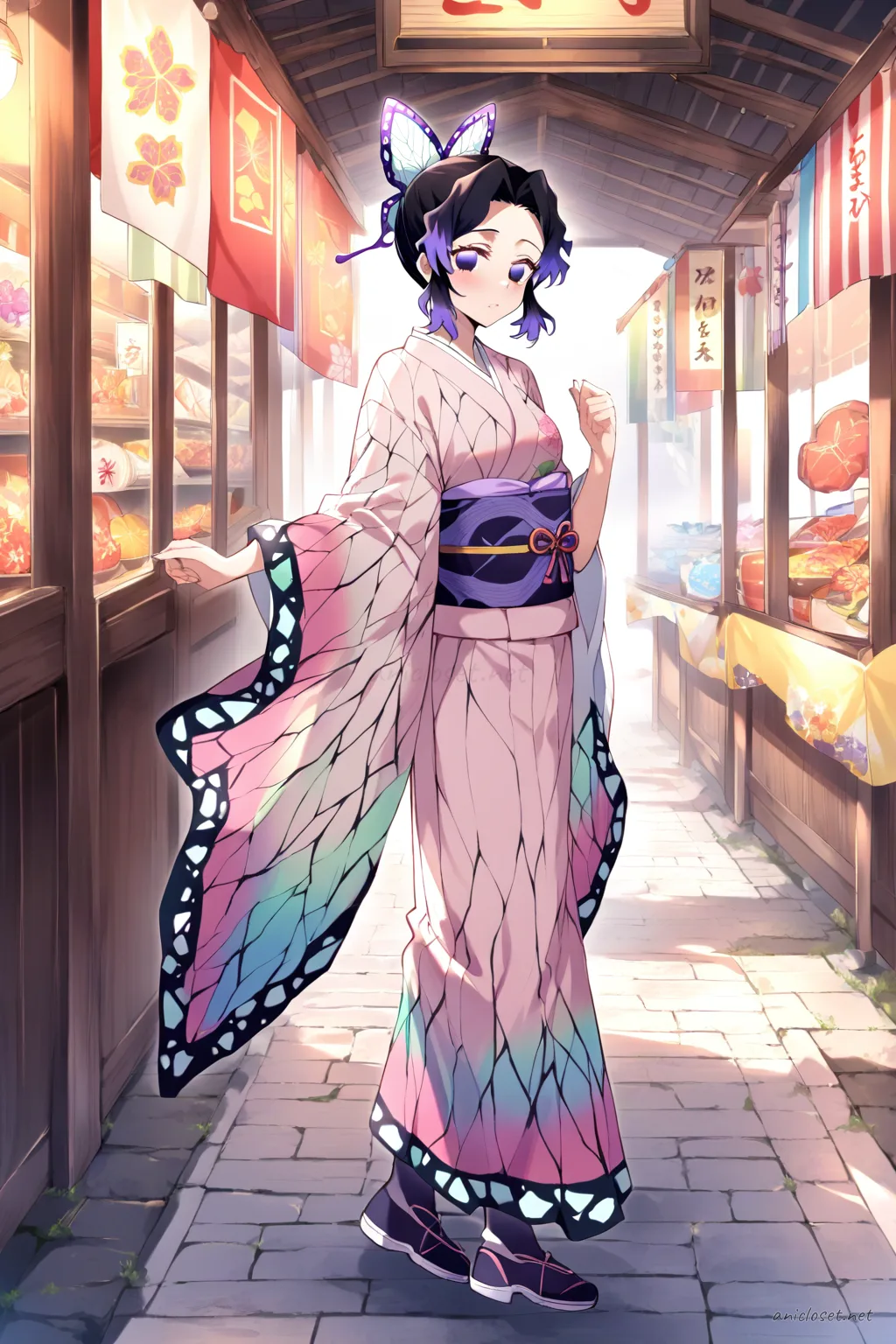 Full body illustration of Shinobu Kocho standing in a pastel pink komon kimono with floral pattern, neat obi, light green obiage, and butterfly hairpin