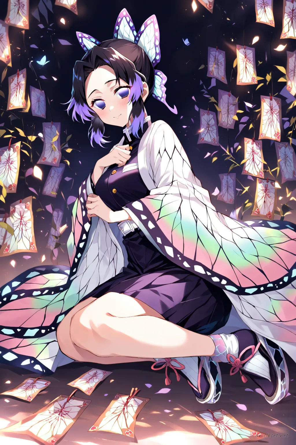 Illustration of Shinobu Kocho wearing onmyouji-inspired modern kimono robes with layered haori and paper charm accents, knee-up half-body view