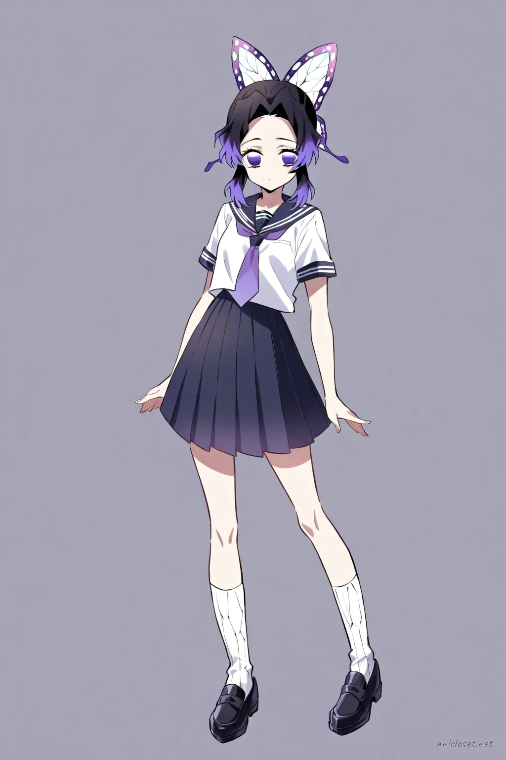 Full-body illustration of Shinobu Kocho in summer sailor school uniform with short sleeves, ribbon necktie, pleated skirt, knee socks, and loafers on a clean studio background
