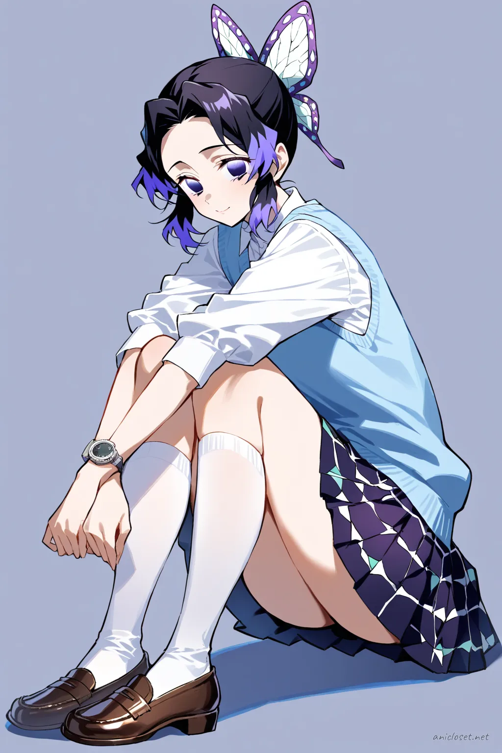 Full-body three-quarter view of Shinobu Kocho wearing a navy blue sweater vest over a white long-sleeve blouse, red and navy plaid pleated skirt, knee-high white socks, and brown loafers against a clean studio background