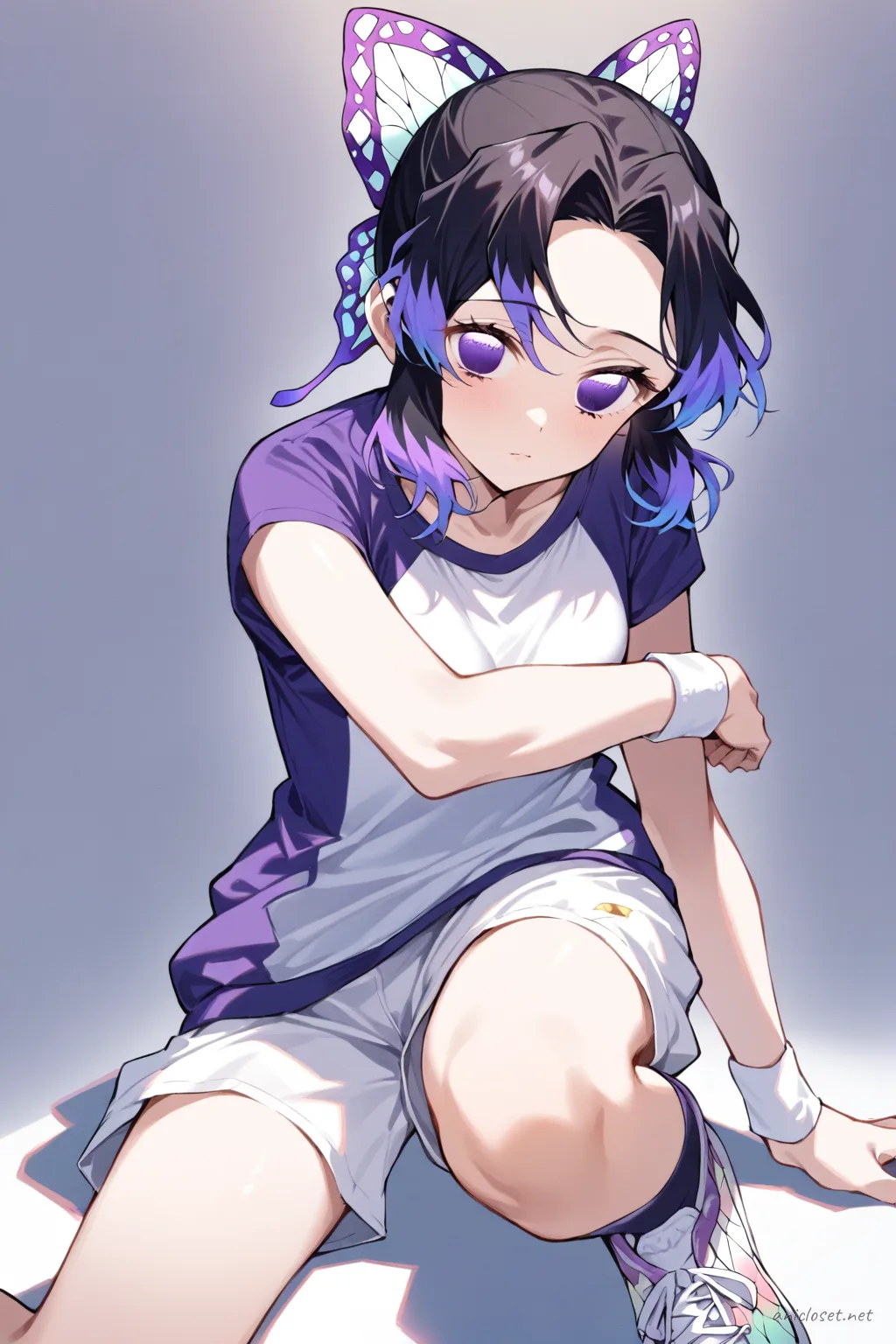 Half-body illustration of Shinobu Kocho wearing a short-sleeve gym jersey, athletic bloomers, knee socks, and slip-on sneakers against a simple studio background