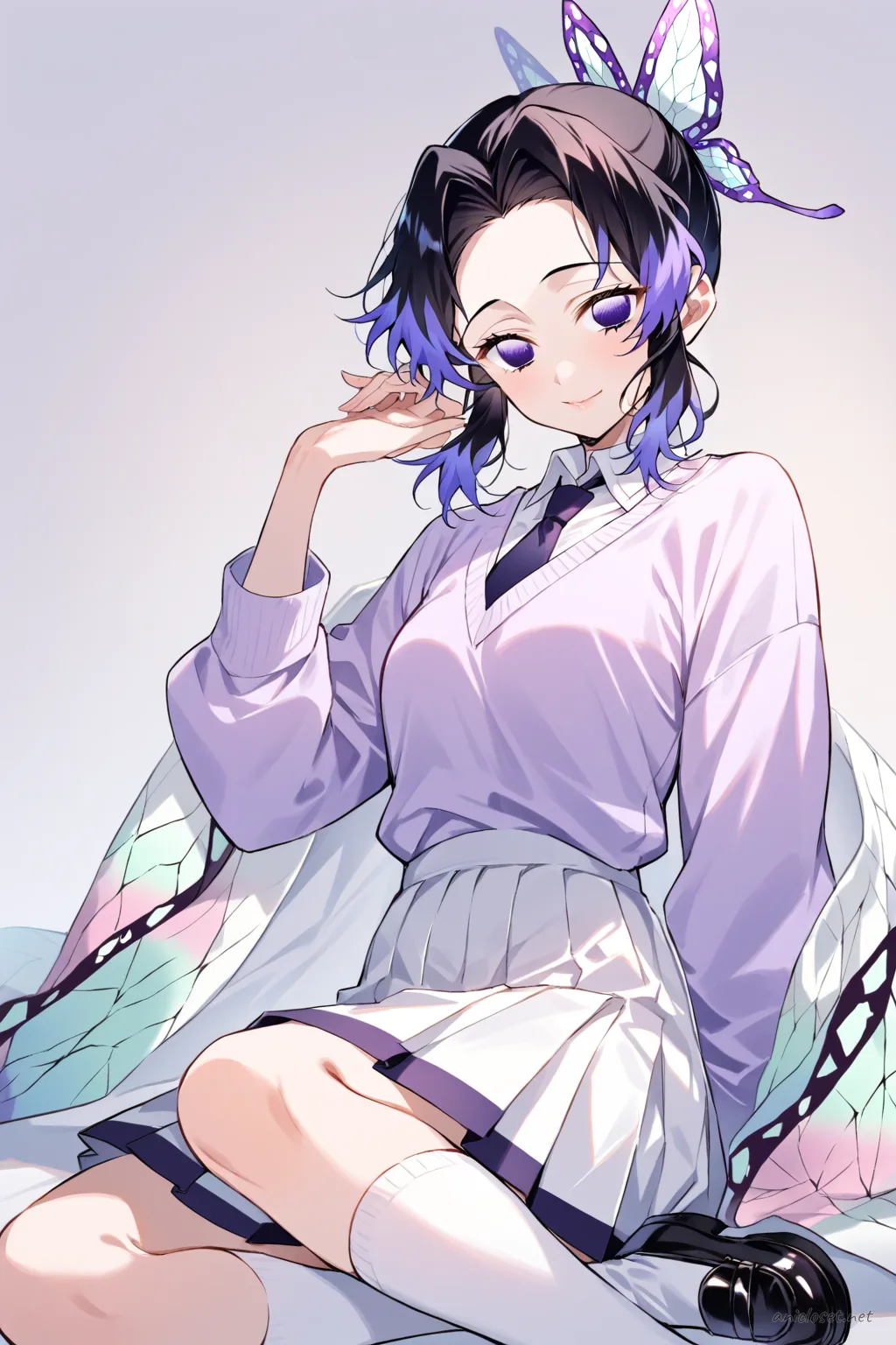 Full-body three-quarter view of Shinobu Kocho in a long pleated skirt, white blouse, pastel lavender v-neck sweater, black loafers, and white knee-high socks against a clean studio background