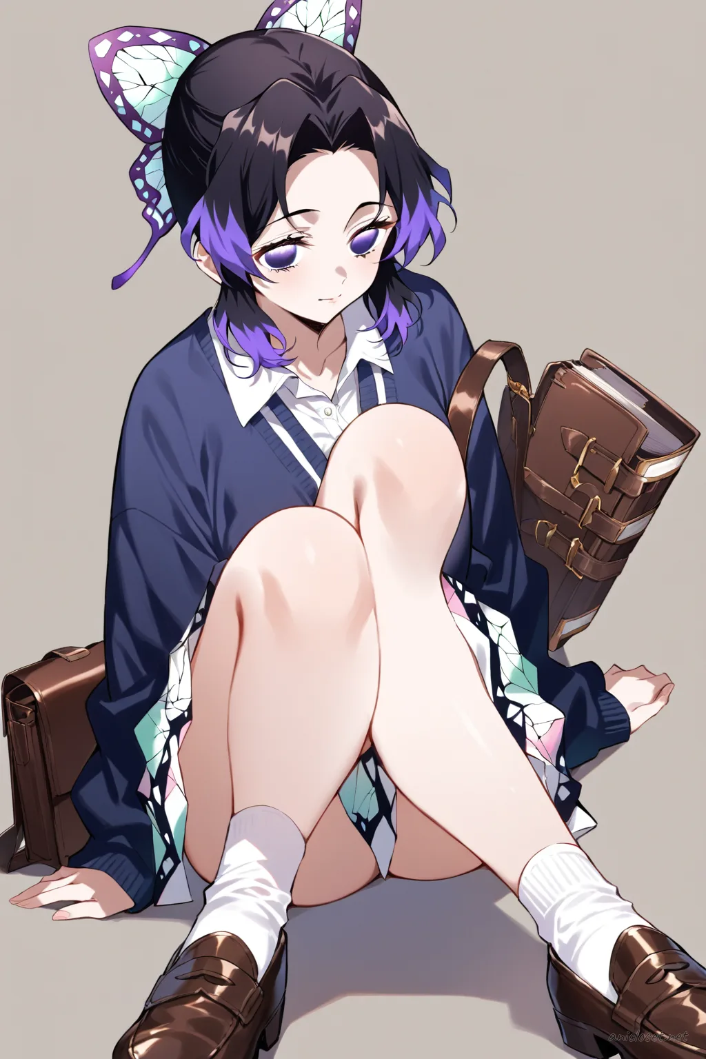 Illustration of Shinobu Kocho in a navy cardigan, pleated skirt, brown loafers, and carrying a brown leather book bag, knee-up half-body view