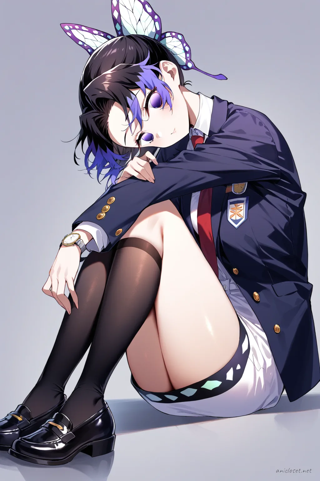 Full-body illustration of Shinobu Kocho in a navy private academy blazer with emblem, white dress shirt, red necktie, black pencil skirt, knee-high stockings, and black loafers against a clean studio backdrop