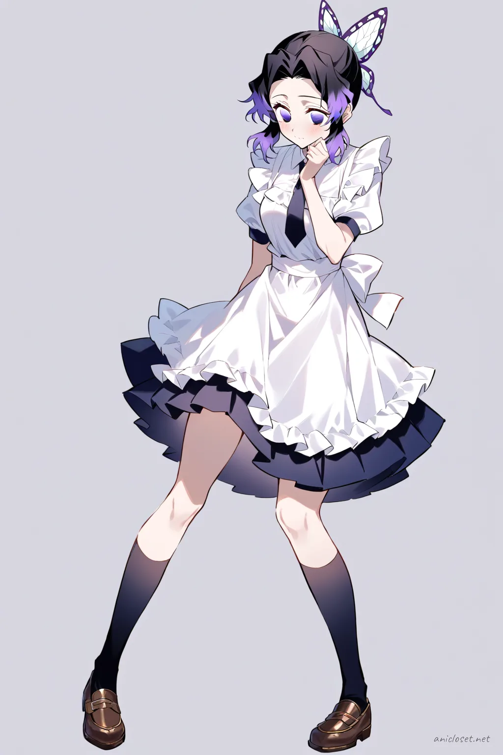 Full-body three-quarter view illustration of Shinobu Kocho wearing a white short-sleeve blouse, navy pleated skirt, black knee-high socks, brown loafers, white frilly maid apron, black ribbon necktie, and simple white headband against a clean studio background