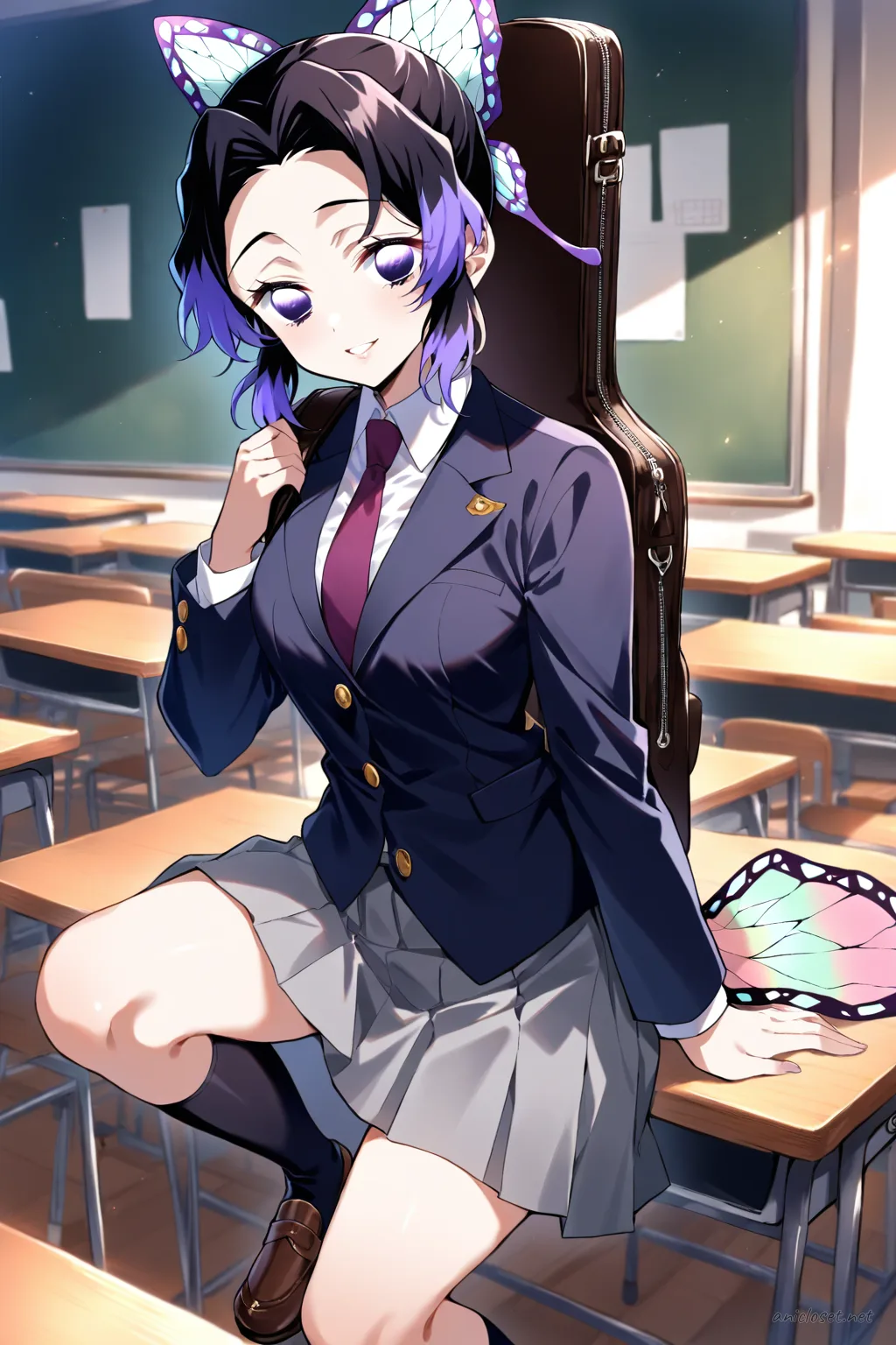 Full-body three-quarter view of Shinobu Kocho in navy blazer with gold buttons, white collared shirt, burgundy necktie, grey pleated skirt, black knee-high socks, brown loafers, holding black leather instrument case, classroom background
