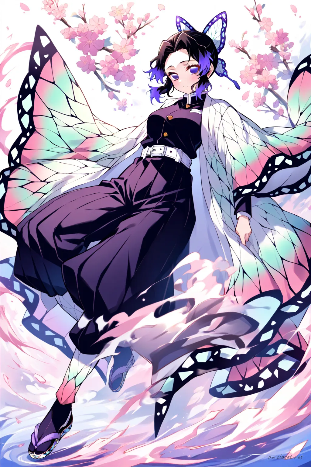 Full-body illustration of Shinobu Kocho in her classic Demon Slayer uniform with butterfly wing pattern haori, standing pose on clean studio backdrop