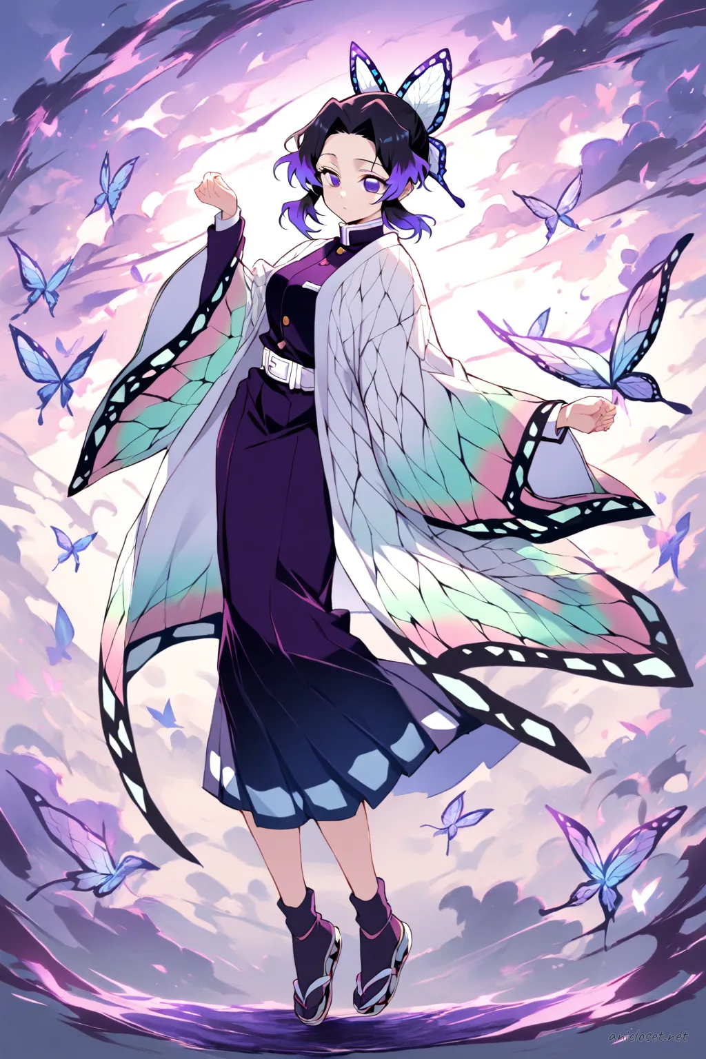 Full-body illustration of Shinobu Kocho wearing a color-shifted butterfly-pattern haori over a dark violet kimono, standing in a clean studio setting with tabi socks and zori sandals visible