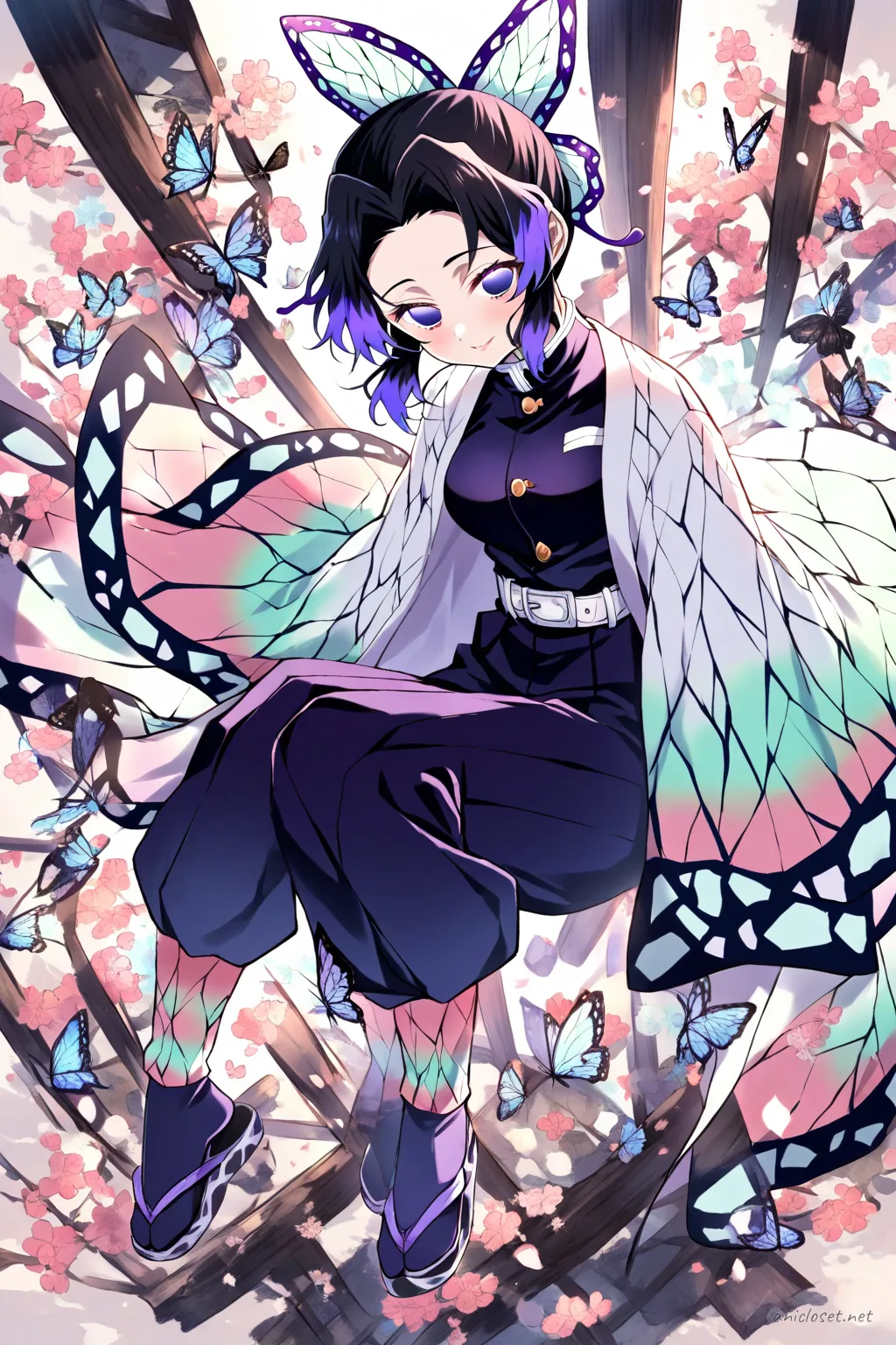 Knee-up half-body illustration of Shinobu Kocho wearing her demon slayer uniform with butterfly motif haori and alternate traditional Japanese sandals against a clean background