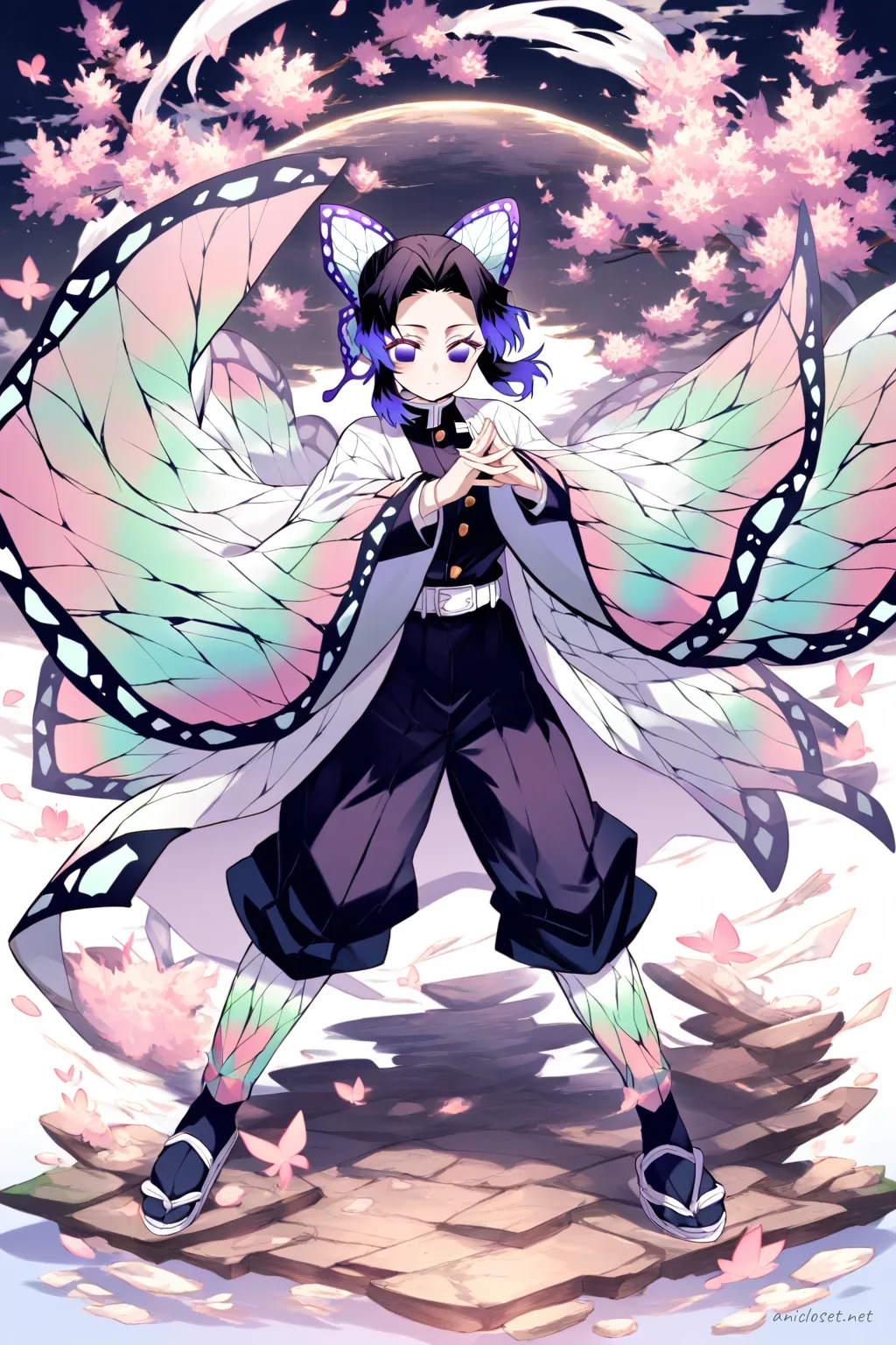 Full-body illustration of Shinobu Kocho in her Signature look variant 04, wearing a butterfly haori over a white coat, black pants, tabi socks, and zori sandals, standing against a clean studio backdrop