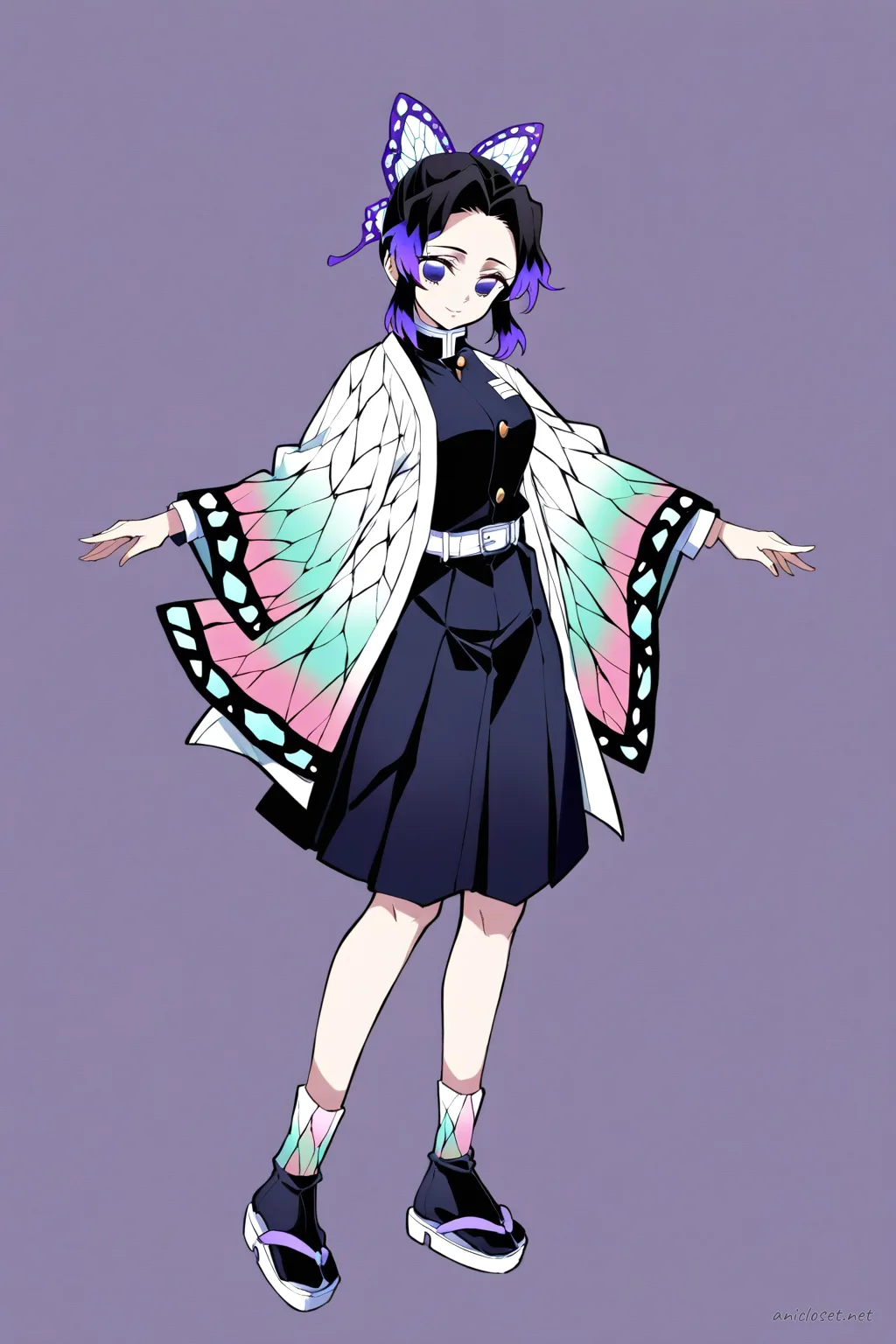 Full-body illustration of Shinobu Kocho in signature Demon Slayer uniform with butterfly haori, fingerless gloves, tabi socks, and zori sandals against a clean studio backdrop