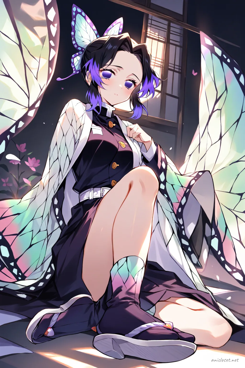 Knee-up half-body illustration of Shinobu Kocho wearing a butterfly motif haori, black kimono with white collar, purple obi, tabi socks, and zori sandals under soft studio lighting