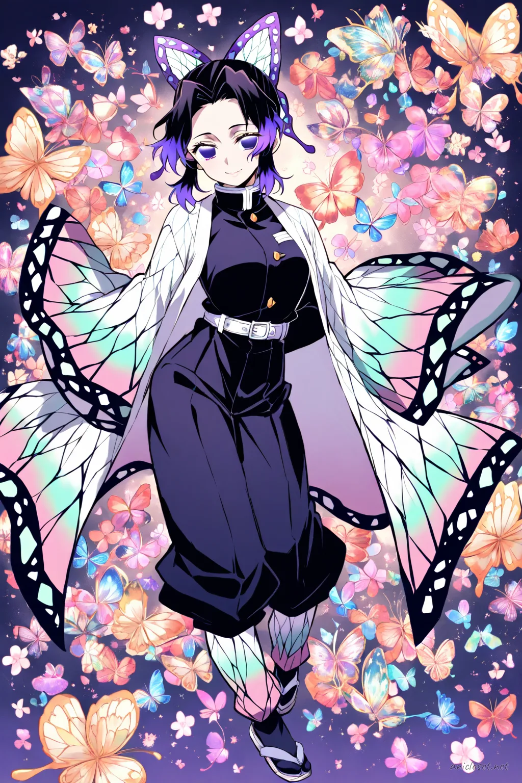 Knee-up half-body illustration of Shinobu Kocho in her signature butterfly-patterned haori with arms behind her back, illuminated by sunbeam and floating dust particles