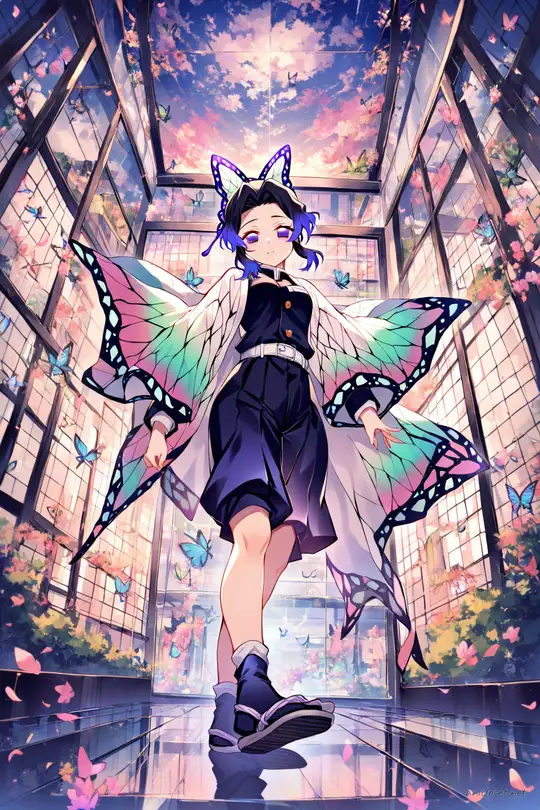Full body illustration of Shinobu Kocho in her official Demon Slayer uniform with butterfly wing haori, posing with a peace sign amid confetti and festival lights