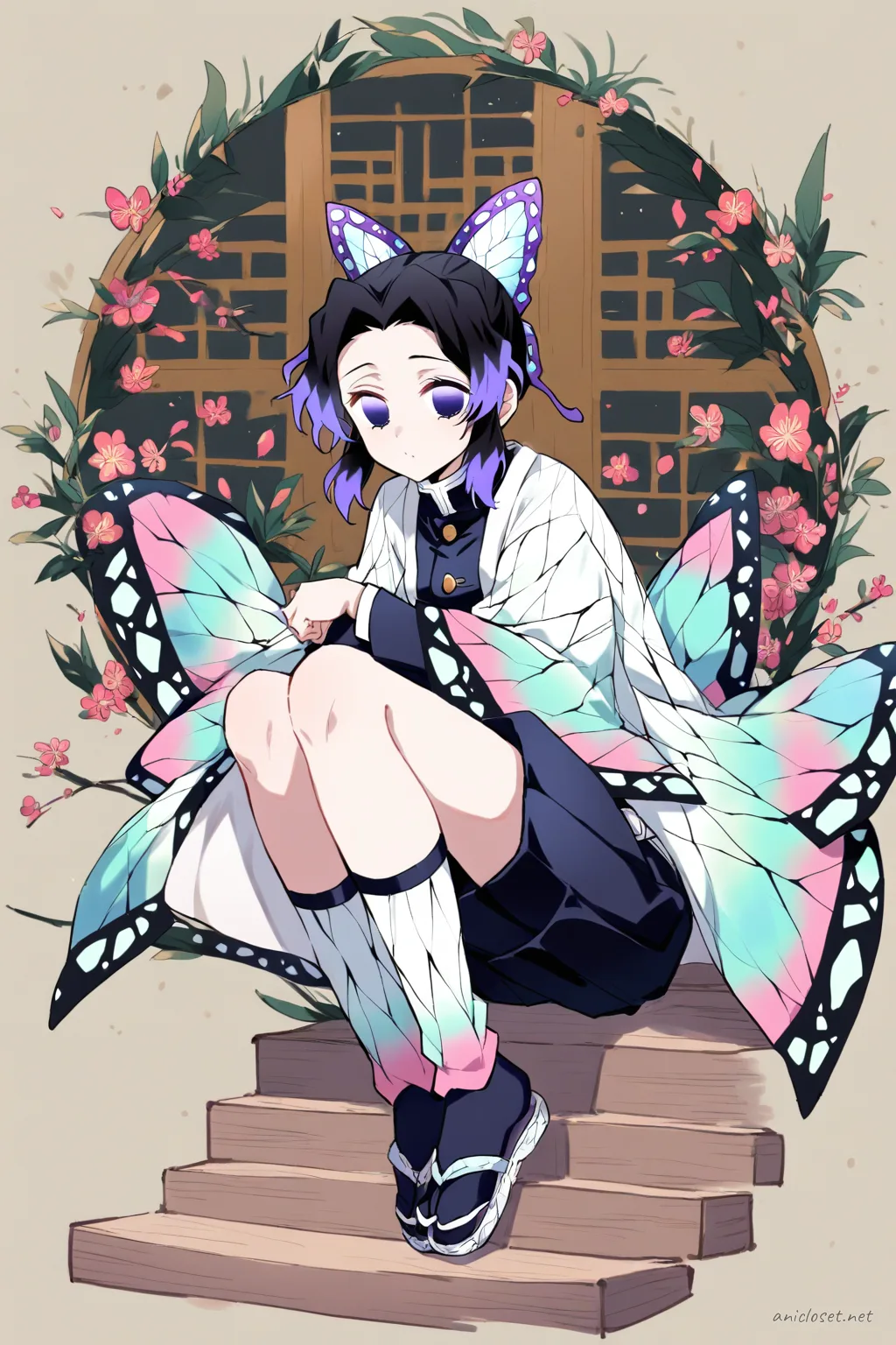Illustration of Shinobu Kocho in her Signature outfit seated on steps under warm evening sky, full costume visible