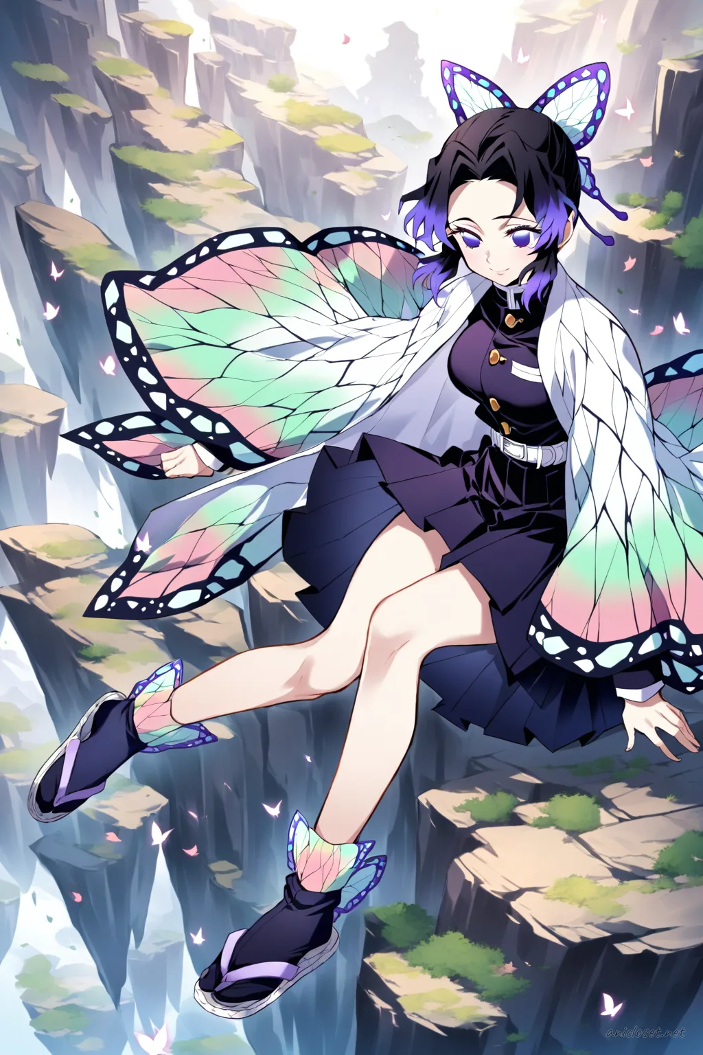 Full-body illustration of Shinobu Kocho in her signature demon slayer uniform with butterfly-patterned haori, standing with windblown fabric against a cliffside and open sky