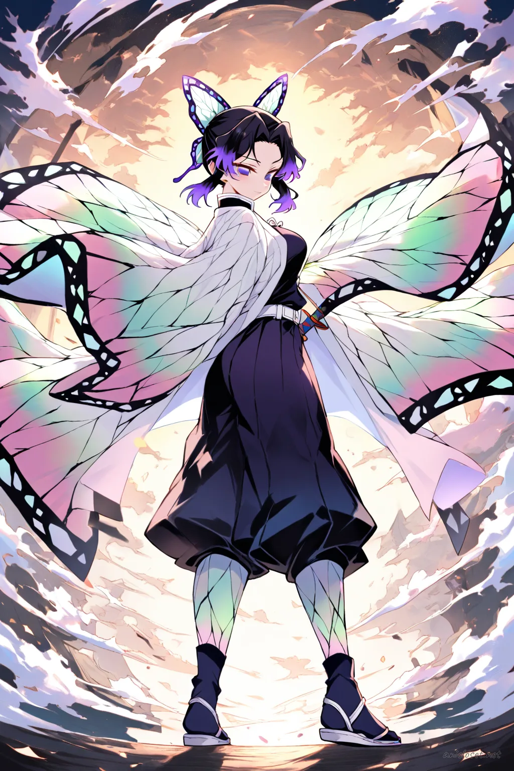 Full-body illustration of Shinobu Kocho in her signature Demon Slayer uniform with butterfly-pattern haori, standing in a back-three-quarter pose looking back, surrounded by magical sparkles on a clean studio background