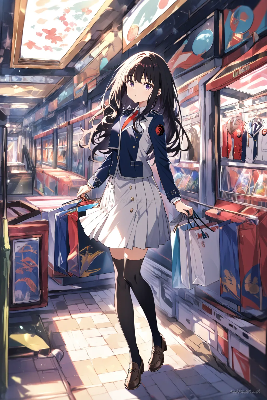 Full body three-quarter view illustration of Takina Inoue wearing a navy blazer with school emblem, white dress shirt, red necktie, black pencil skirt, knee-high stockings, and black loafers