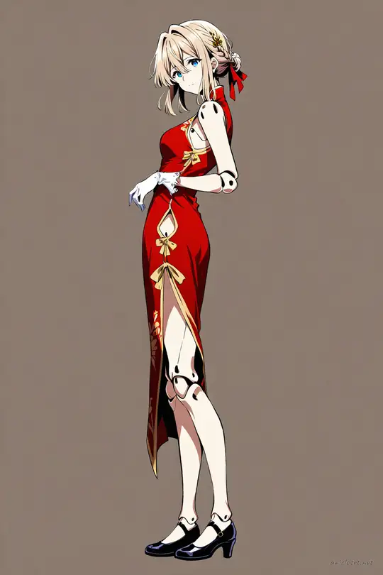 Full-body illustration of Violet Evergarden wearing a classic red qipao with gold trim, high collar, sleeveless design, modest hem, slit side, white silk gloves, black Mary Jane shoes, and gold hairpin, standing against a simple studio background.