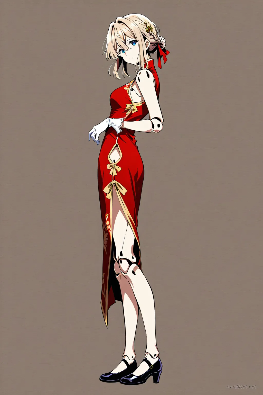 Full-body illustration of Violet Evergarden wearing a classic red qipao with gold trim, high collar, sleeveless design, modest hem, slit side, white silk gloves, black Mary Jane shoes, and gold hairpin, standing against a simple studio background.