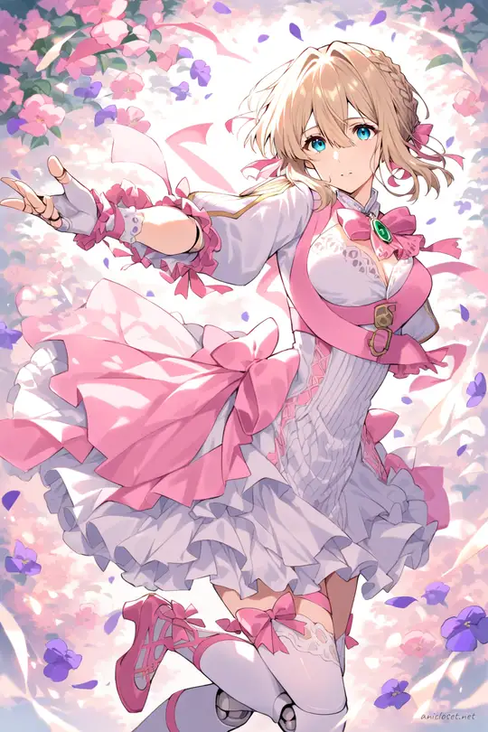 Full-body three-quarter view of Violet Evergarden in a pastel pink and white frilly idol dress with layered ruffle skirt, large stage bow on chest, puffed short sleeves, lace trim, white thigh-high stockings, pink ankle strap heels, fingerless lace gloves, pearl necklace, sparkling hair accessory, and microphone headset against a clean studio background