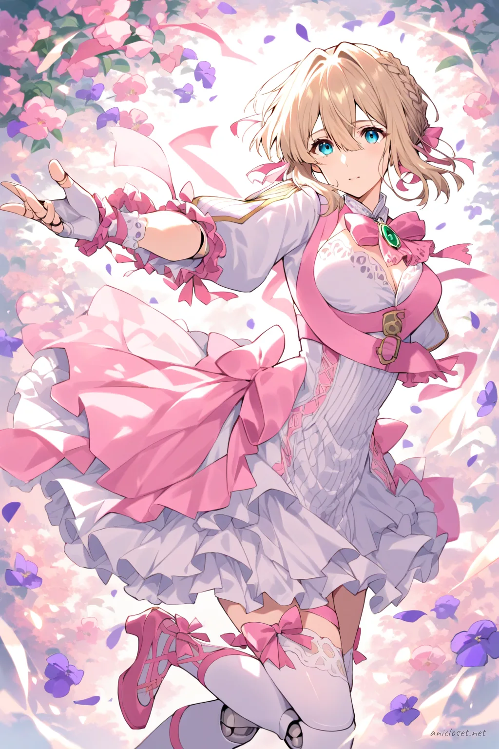 Full-body three-quarter view of Violet Evergarden in a pastel pink and white frilly idol dress with layered ruffle skirt, large stage bow on chest, puffed short sleeves, lace trim, white thigh-high stockings, pink ankle strap heels, fingerless lace gloves, pearl necklace, sparkling hair accessory, and microphone headset against a clean studio background