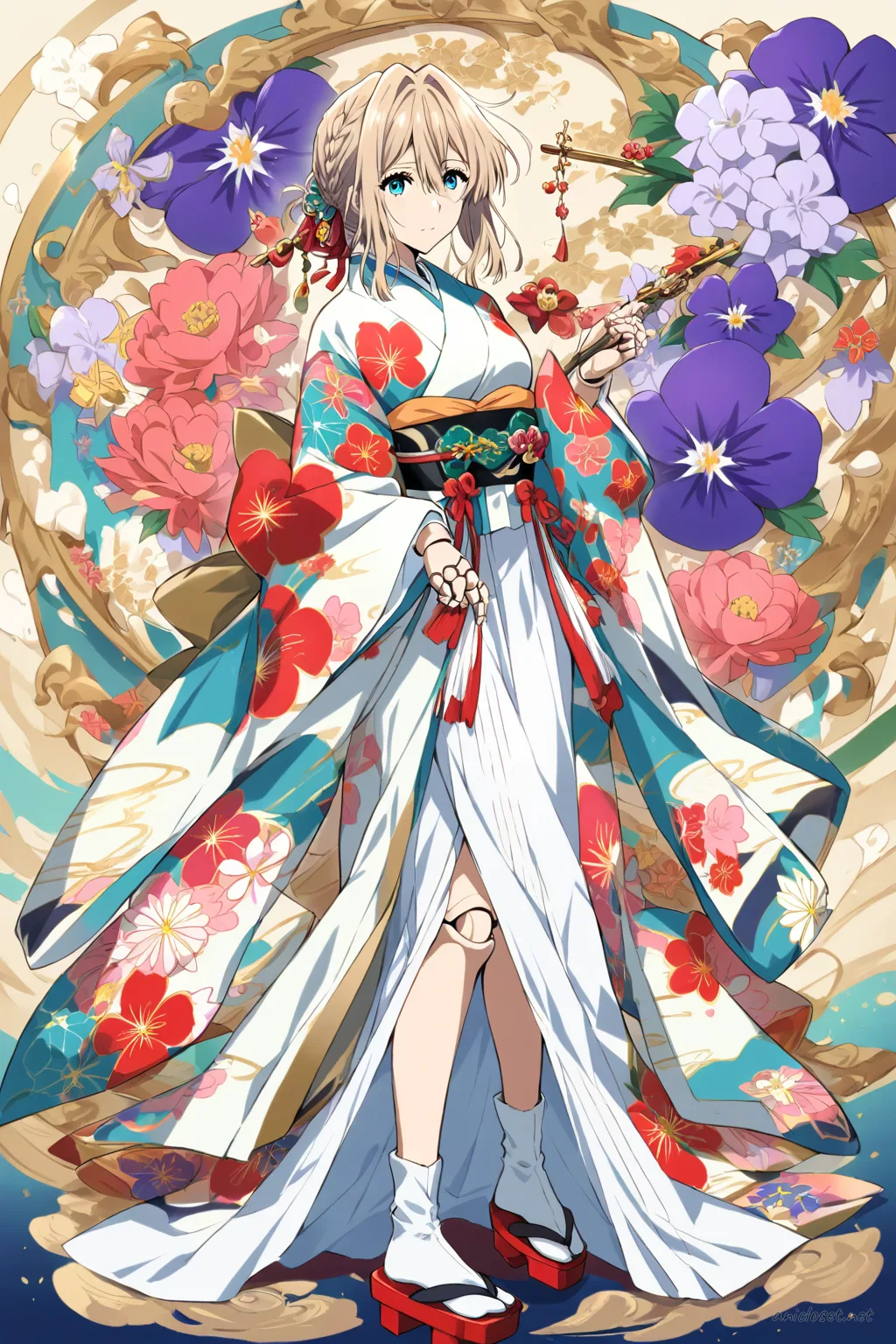Illustration of Violet Evergarden wearing a furisode kimono with floral patterns and ornate obi, standing in a clean studio backdrop with traditional geta sandals and decorative hairpin