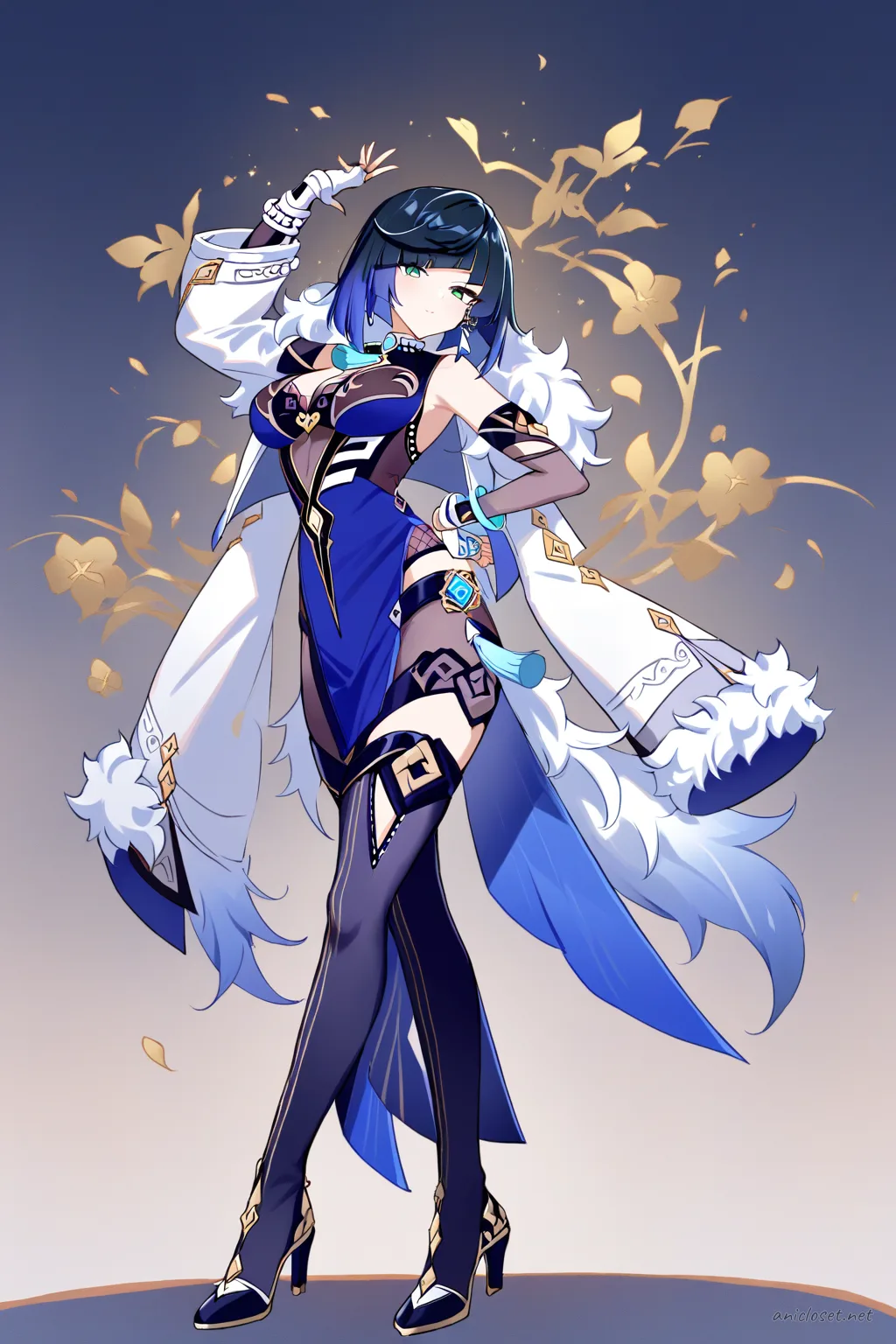 Full-body illustration of Yelan in her signature form-fitting qipao dress with high slit, sheer sleeves, floral embroidery, fingerless gloves, thigh-high stockings, and high heels, standing against a clean studio backdrop