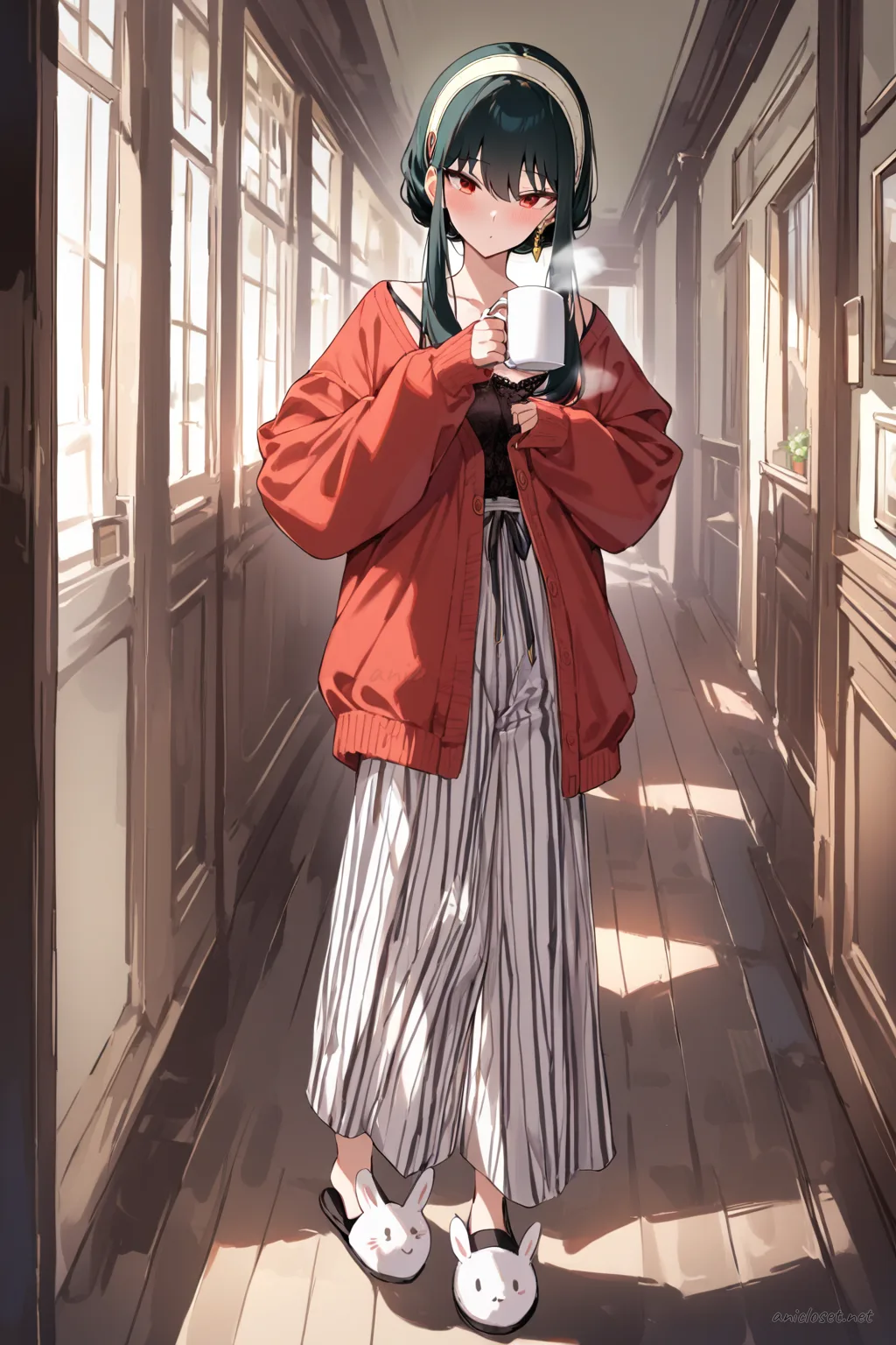 Full-body illustration of Yor Forger wearing a chunky oversized cardigan over a lace camisole, soft striped pajama pants, and bunny slippers, standing against a clean studio backdrop
