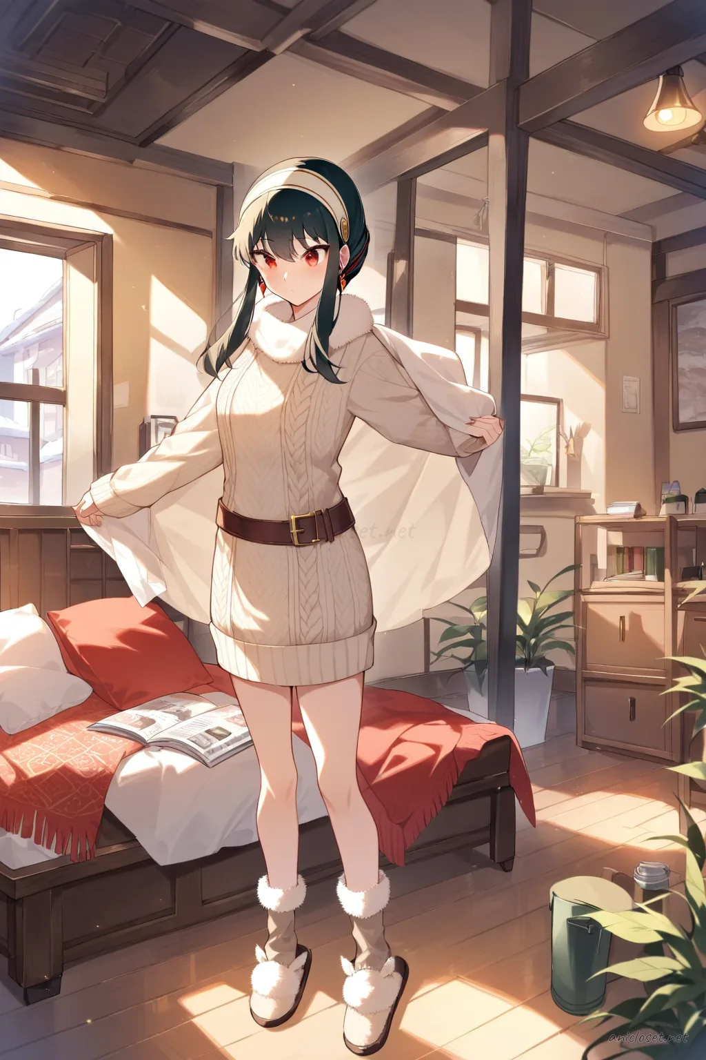 Full body illustration of Yor Forger standing in a cream cable knit sweater dress with brown belt, fuzzy knee socks, and beige slippers