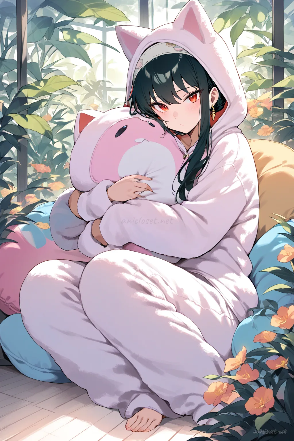 Full body illustration of Yor Forger standing in a pastel one-piece animal kigurumi pajama with plush hood and paw cuffs, holding a matching plush while on a beanbag in a softly lit room