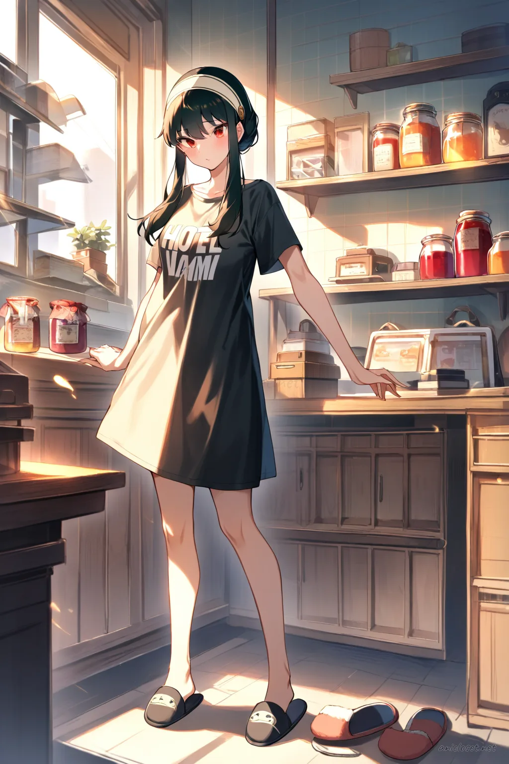 Full body illustration of Yor Forger standing in a kitchen doorway wearing a satin robe layered over a graphic tee dress, house slippers, and a hair clip, holding toast and a jam jar