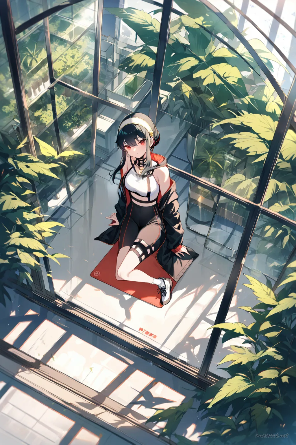 Full body illustration of Yor Forger stretching on a yoga mat wearing a black zip hoodie half-open over white sport bra, black bike shorts, and white ankle socks