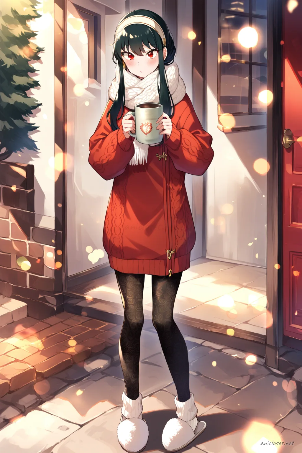 Yor Forger standing in a long knit tunic over patterned leggings with chunky scarf, holding a ceramic mug by rain-streaked balcony glass